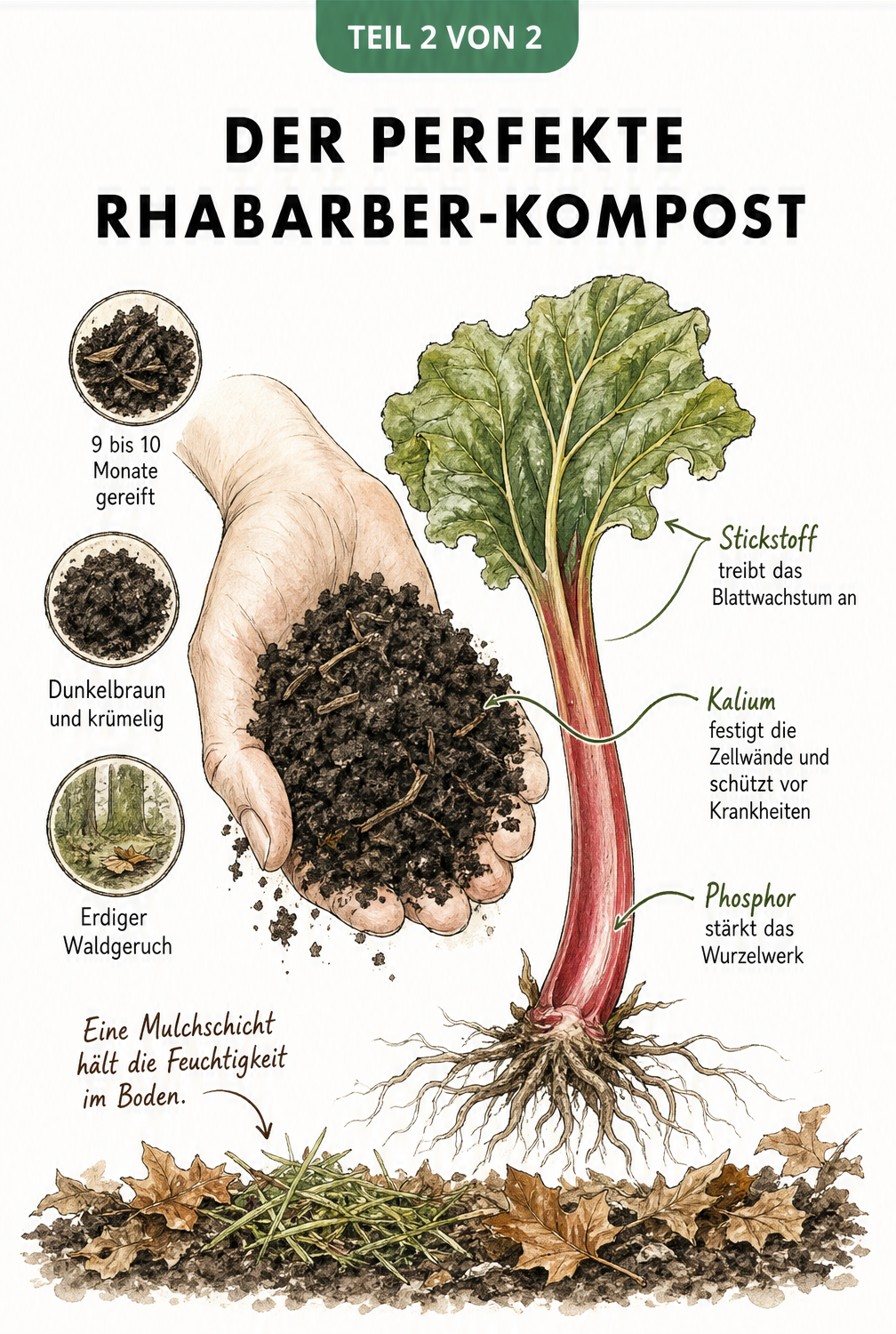 Zeichnung einer Hand mit dunklem Kompost und einem Rhabarberstiel, die erklärt, wie Stickstoff, Kalium und Phosphor auf Blätter, Stiele und Wurzeln wirken.