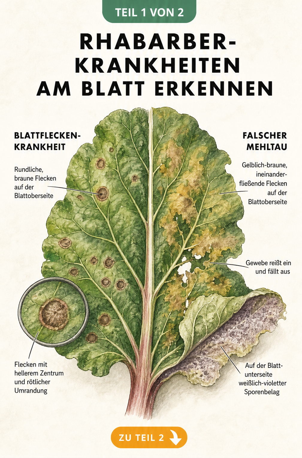 Illustration eines Rhabarberblattes, das die Symptome von Blattfleckenkrankheit mit braunen Flecken und Falschem Mehltau mit violettem Sporenbelag zeigt