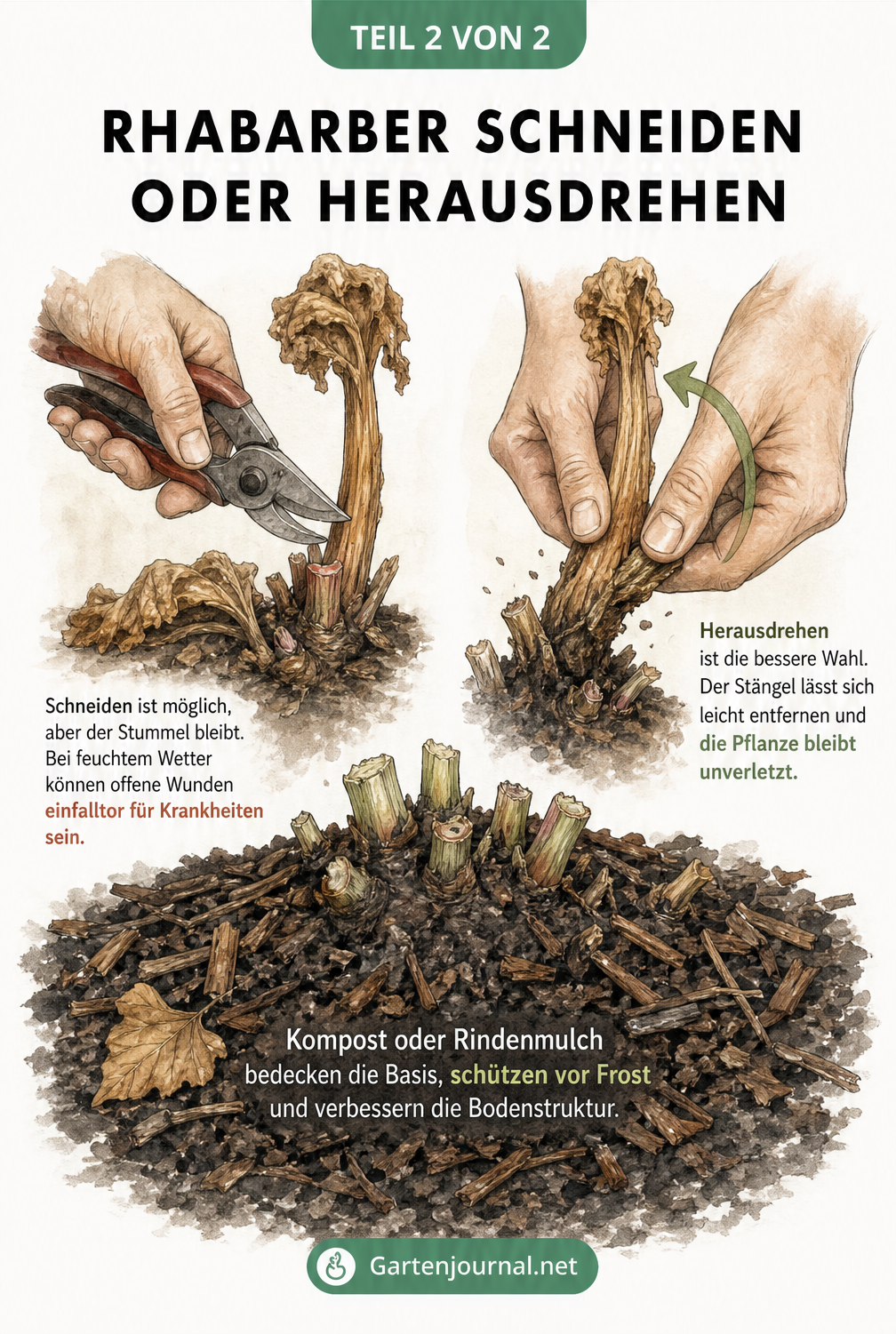 Skizze zum Entfernen von Rhabarberstängeln: Vergleich zwischen Schneiden mit Gartenschere und Herausdrehen per Hand