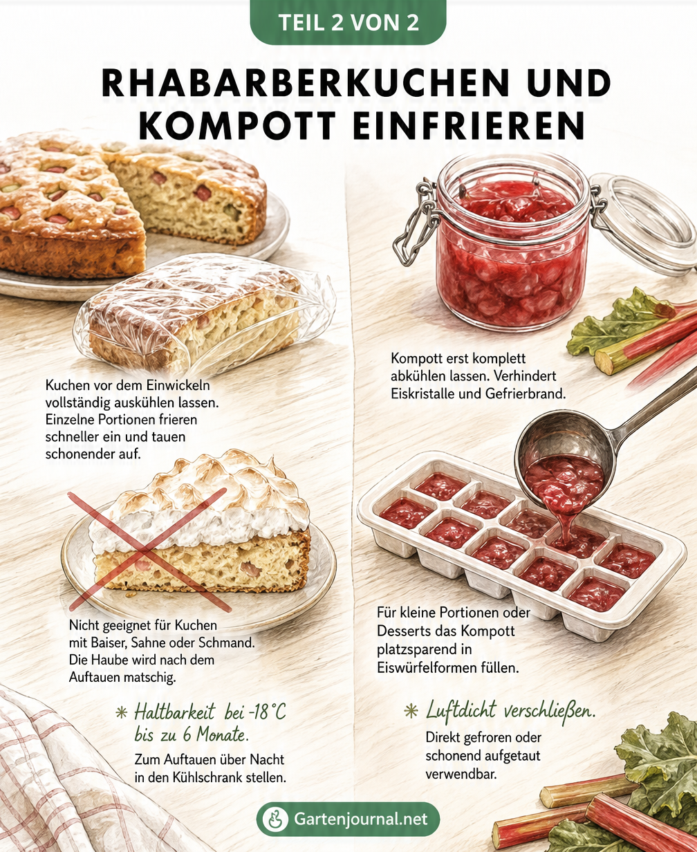 Illustration von Rhabarberkuchen und Rhabarberkompott mit Tipps zum Einfrieren und Auftauen.