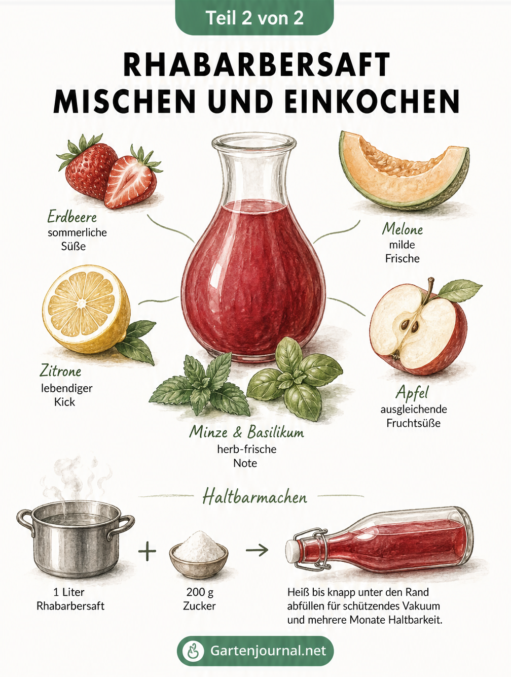 Aromenrad für Rhabarbersaft mit Erdbeere, Melone, Apfel, Zitrone und Kräutern. Darunter eine Anleitung zum Einkochen: 1 Liter Saft plus 200 Gramm Zucker heiß...