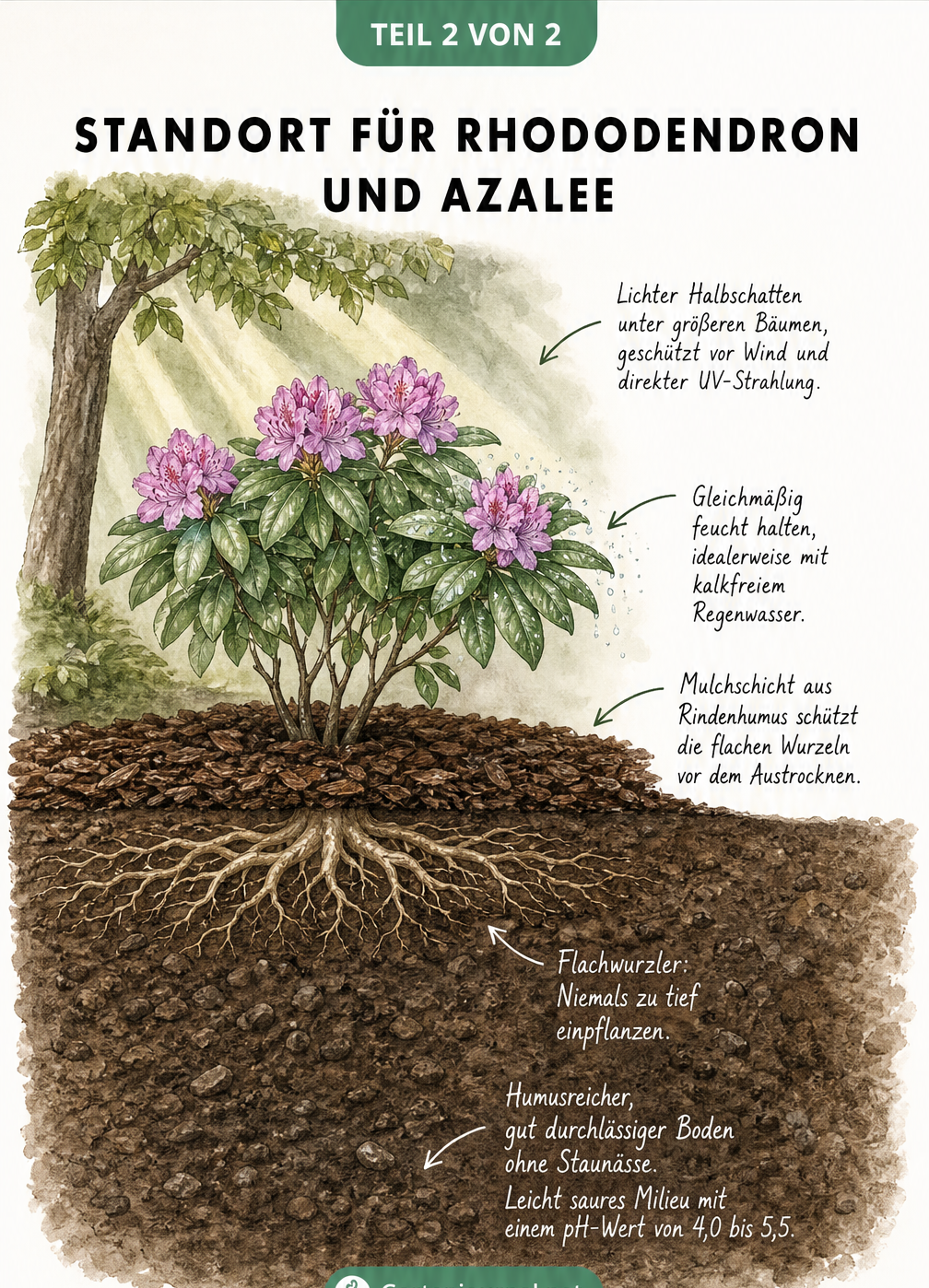 Querschnitt eines gepflanzten Rhododendrons mit Hinweisen zu Standort, Boden und Flachwurzeln
