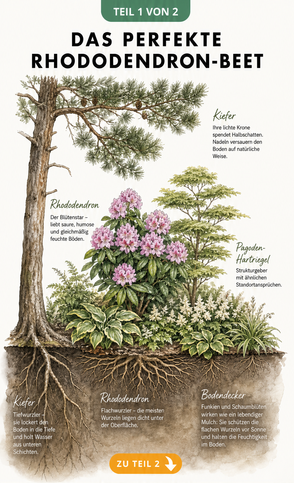 Botanische Querschnitt-Illustration eines Rhododendron-Beets mit Kiefer, Pagoden-Hartriegel, Funkien und Schaumblüten