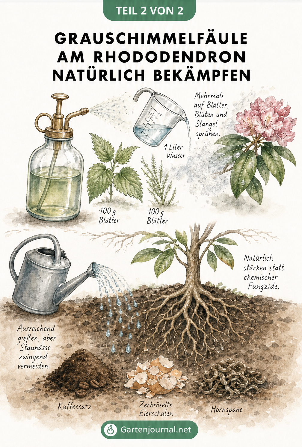 Aquarell-Illustration zur natürlichen Bekämpfung von Grauschimmelfäule am Rhododendron mit Brennnesselsud und organischem Dünger.