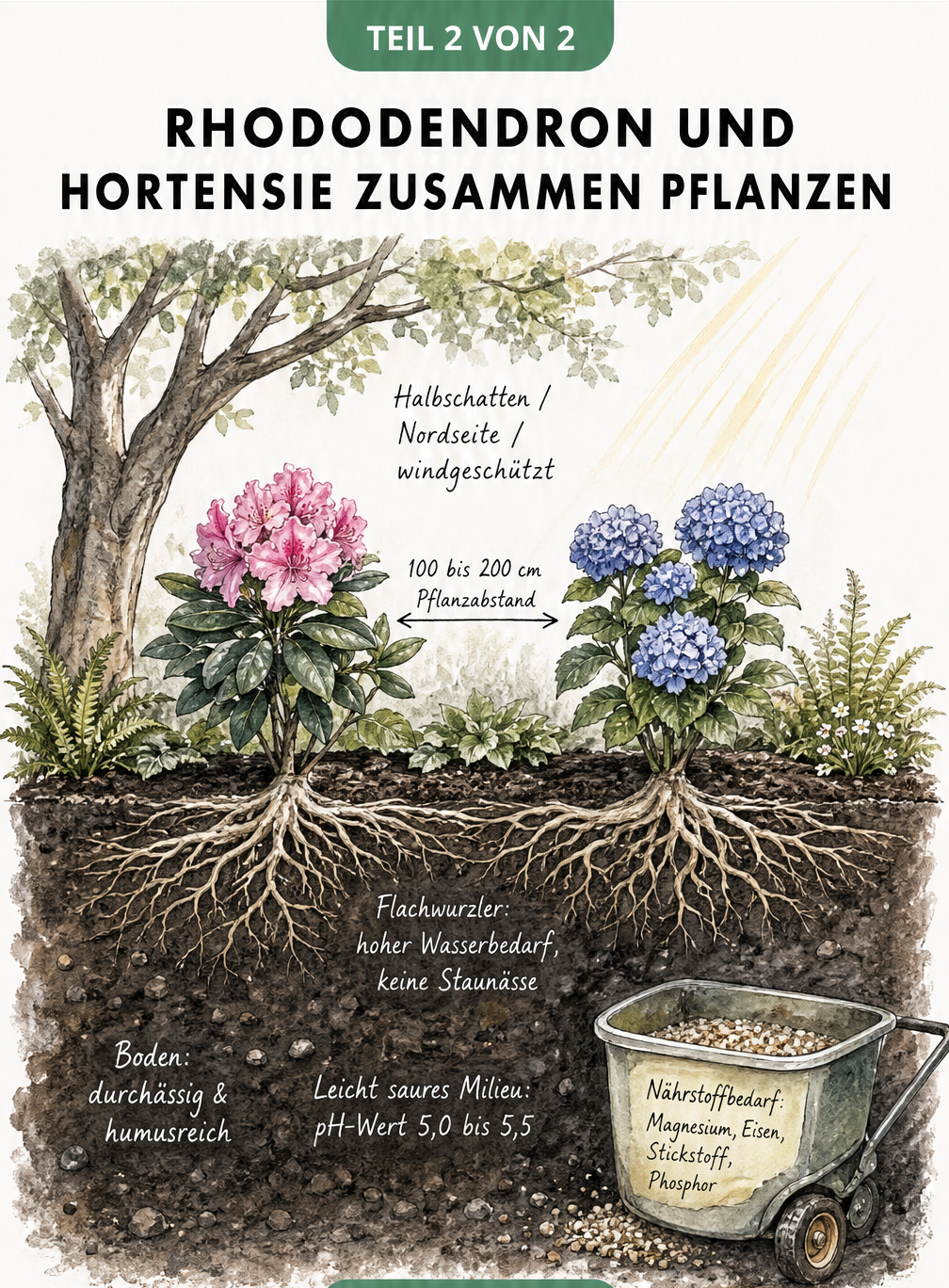 Schnittzeichnung eines Gartenbeets mit Rhododendron und Hortensie, die Pflanzabstand, Standortbedingungen und Wurzelwerk als Flachwurzler zeigt
