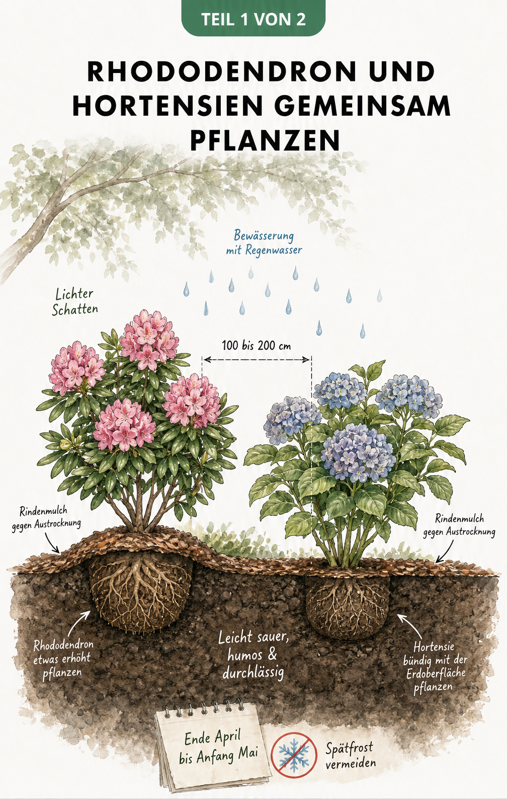 Querschnitt eines Gartenbeets mit Rhododendron und Hortensie, der Pflanztiefe, Bodenbeschaffenheit und Pflanzabstand zeigt.