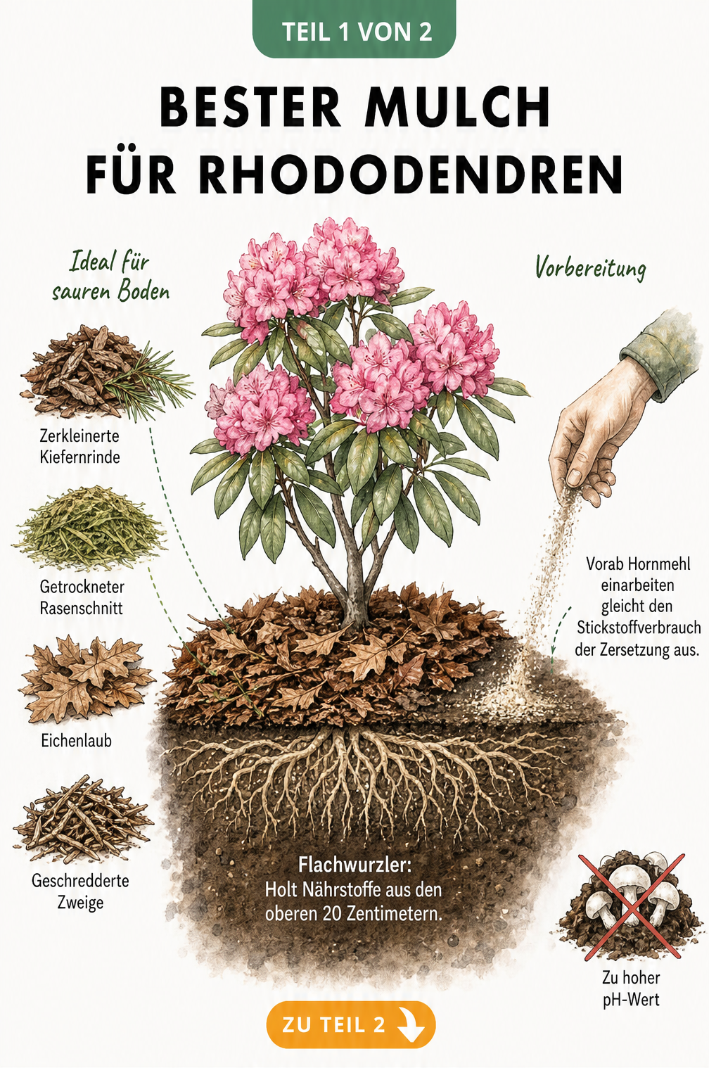Querschnitt eines Rhododendron-Wurzelballens mit Mulchschicht aus Kiefernrinde, Rasenschnitt und Eichenlaub sowie Hornmehl