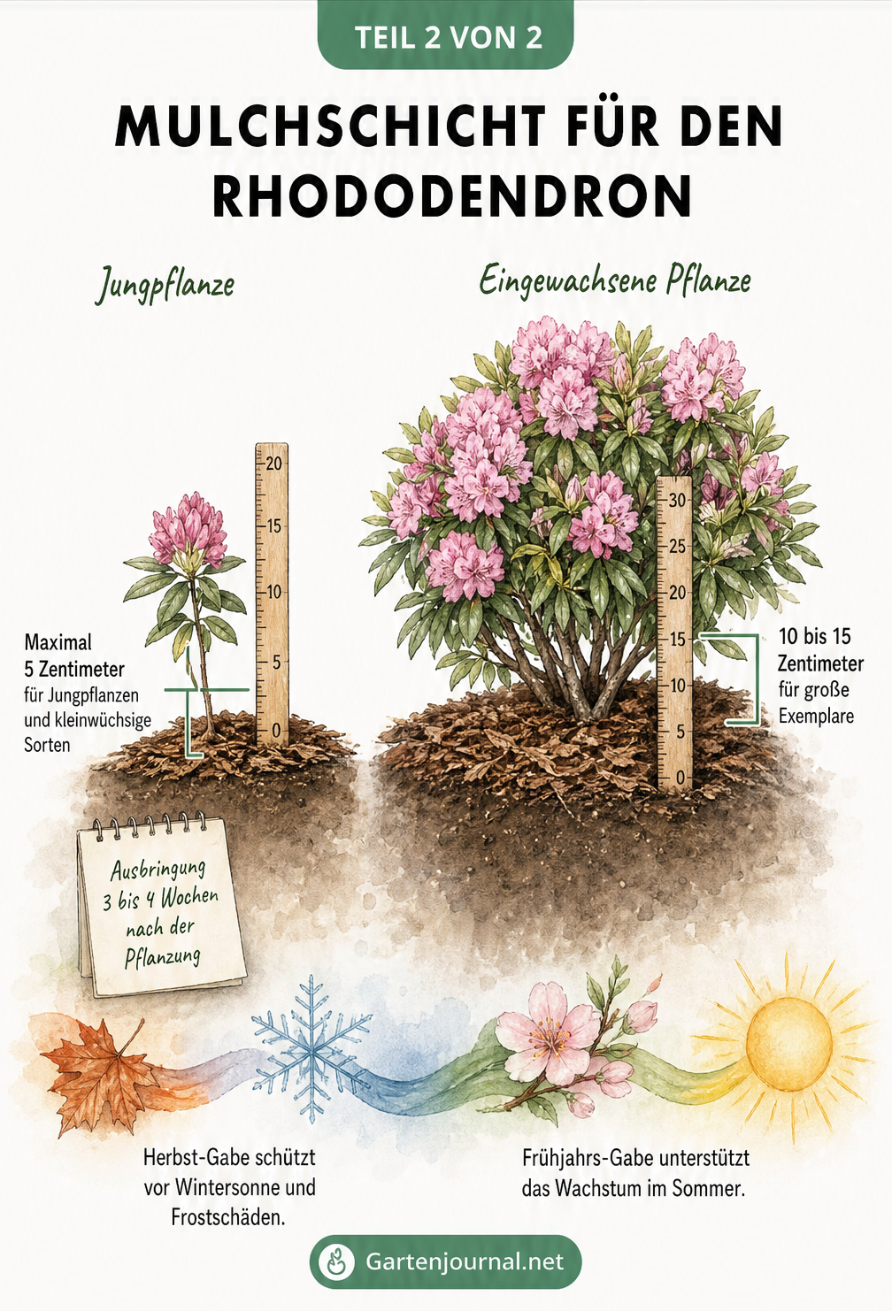 Vergleich der Mulchschicht-Höhe bei einem kleinen und einem großen Rhododendron im Jahresverlauf