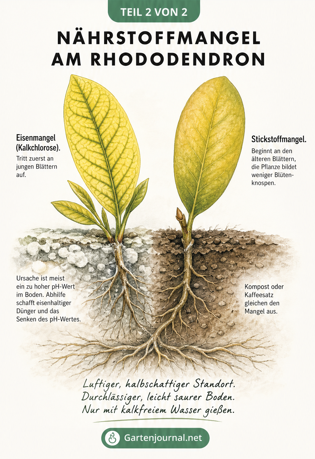 Vergleich zweier Rhododendron-Blätter: links gelb mit grünen Adern bei Eisenmangel, rechts komplett gelb bei Stickstoffmangel, mit Querschnitt des Bodens