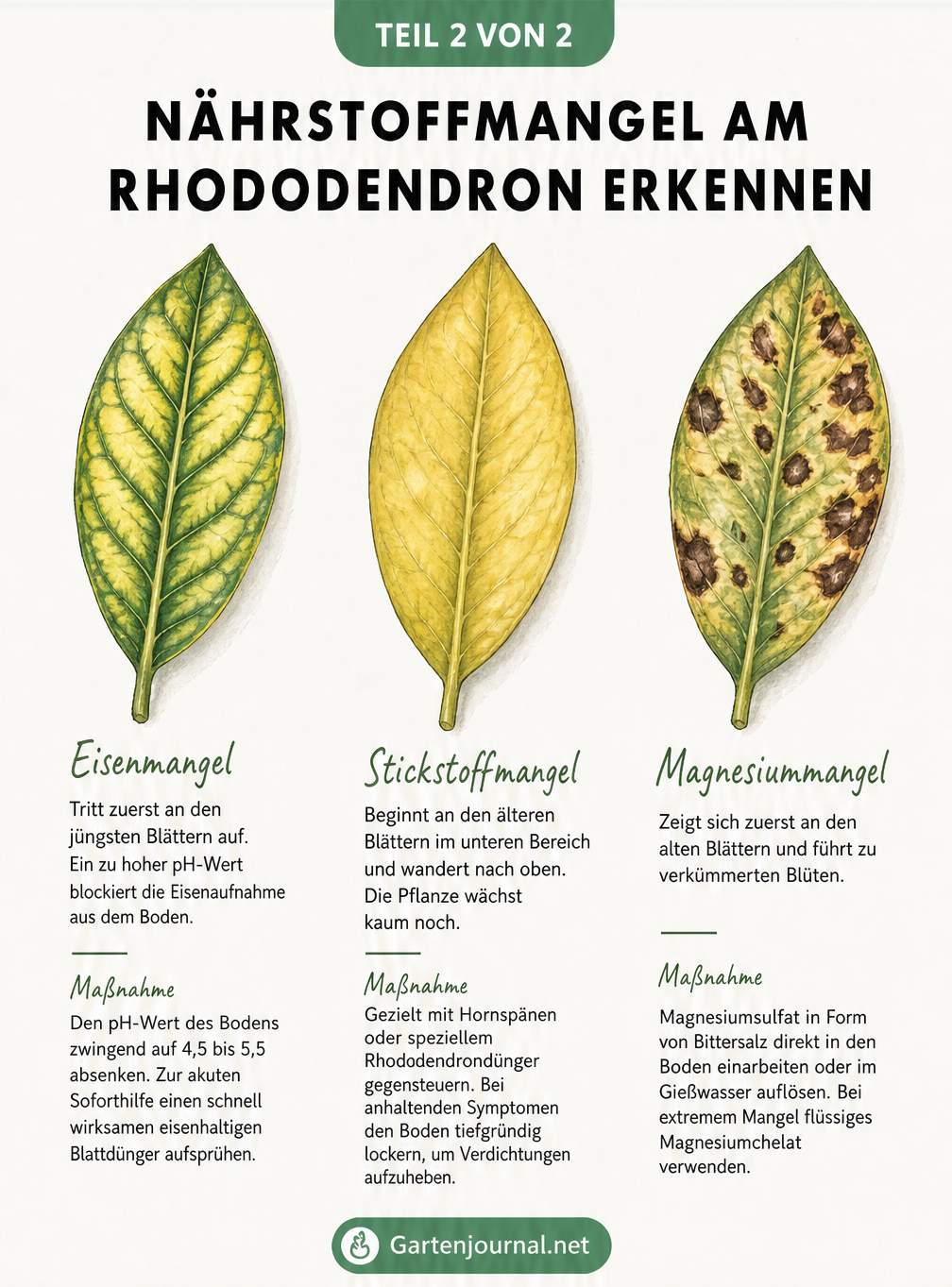 Drei Rhododendronblätter mit Schadbildern für Eisenmangel, Stickstoffmangel und Magnesiummangel