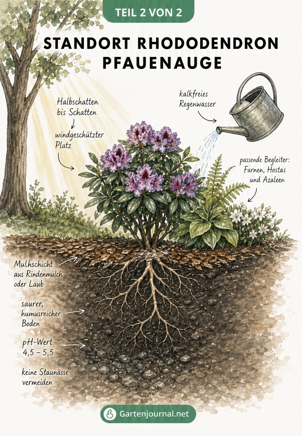 Querschnitt eines Gartenbeets mit Rhododendron Pfauenauge im Halbschatten, saurem Boden und passenden Pflanzpartnern