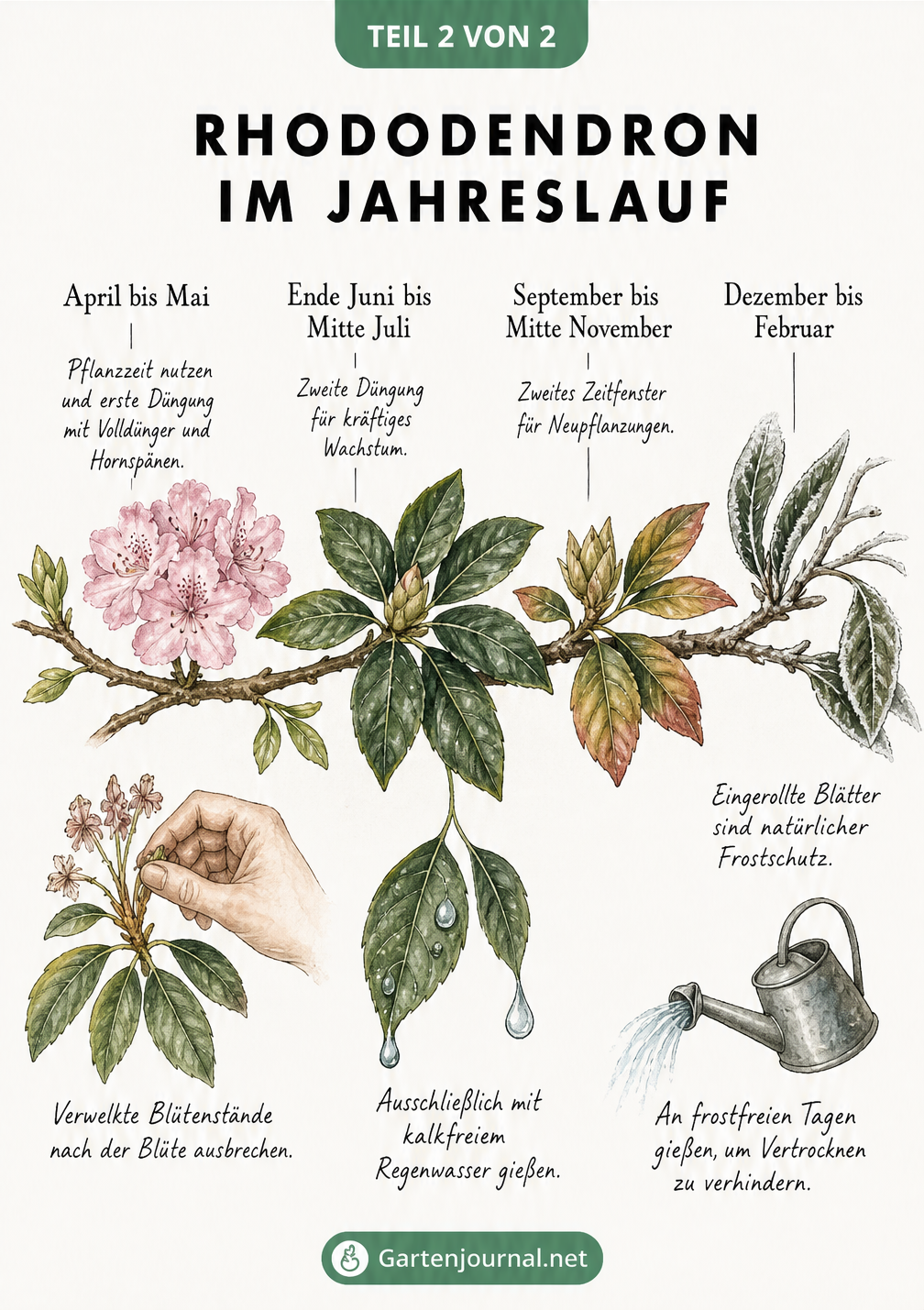 Handgezeichneter Rhododendron-Zweig im Jahreslauf mit Pflegehinweisen zu Düngung, Schnitt und Winterschutz