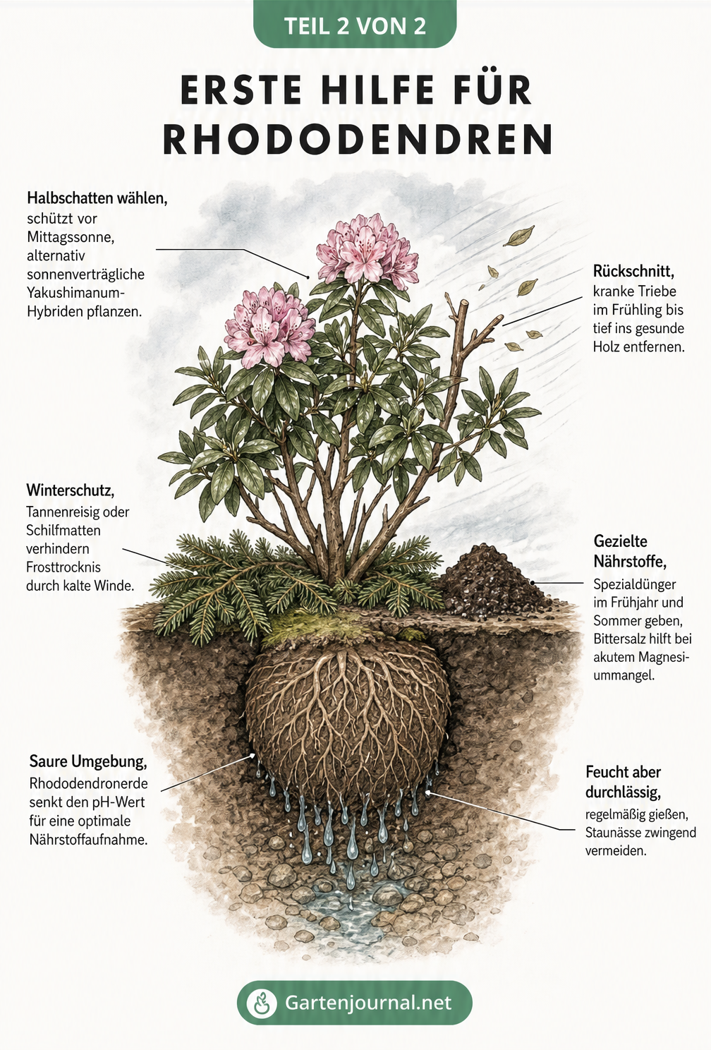 Schnittzeichnung eines Rhododendrons im Beet mit Hinweisen zu Standort, Rückschnitt, Winterschutz und Boden