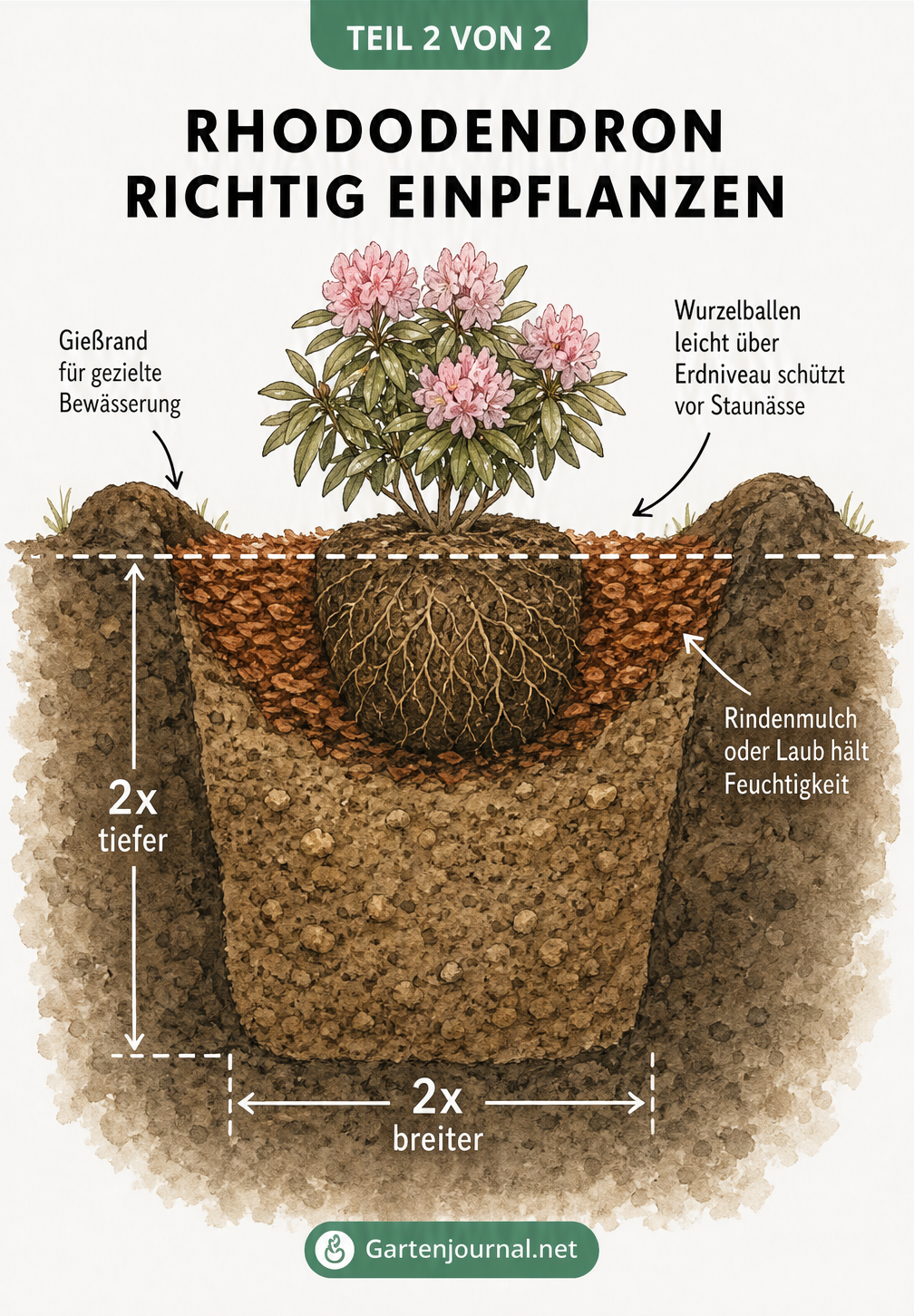 Schnittzeichnung eines gepflanzten Rhododendrons mit Wurzelballen über Erdniveau, Rindenmulch und Gießrand