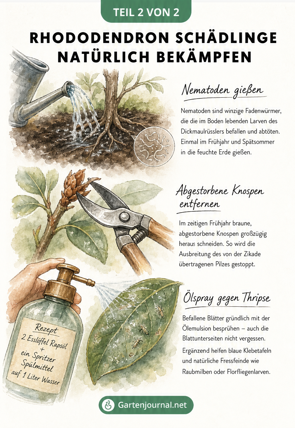 Illustration zur natürlichen Bekämpfung von Rhododendron-Schädlingen mit Nematoden, Rückschnitt und Rapsöl-Mischung
