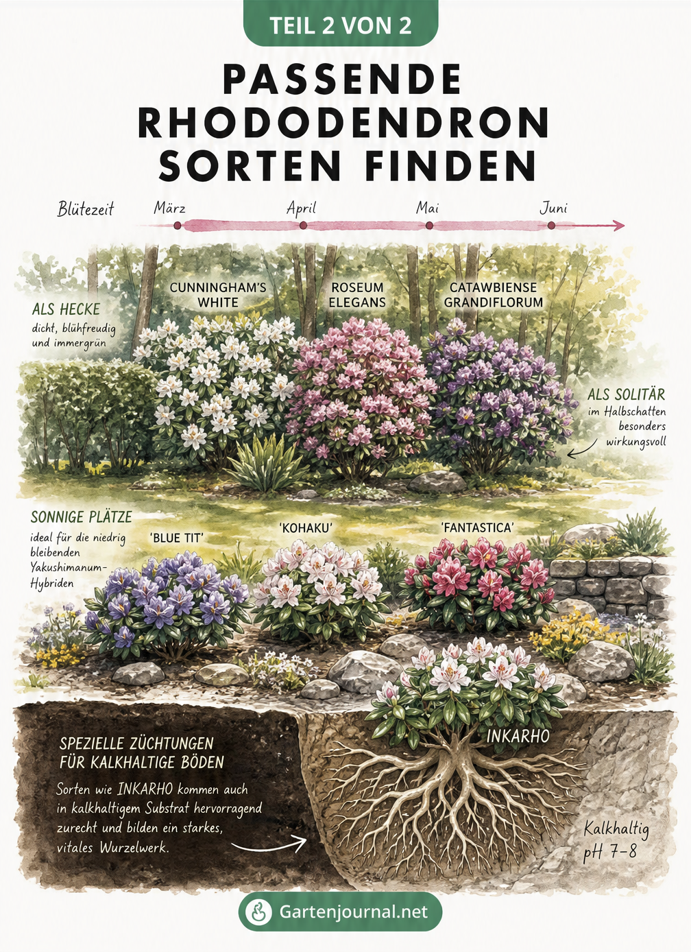 Querschnitt einer Gartenlandschaft mit Rhododendren an verschiedenen Standorten und Bodenarten