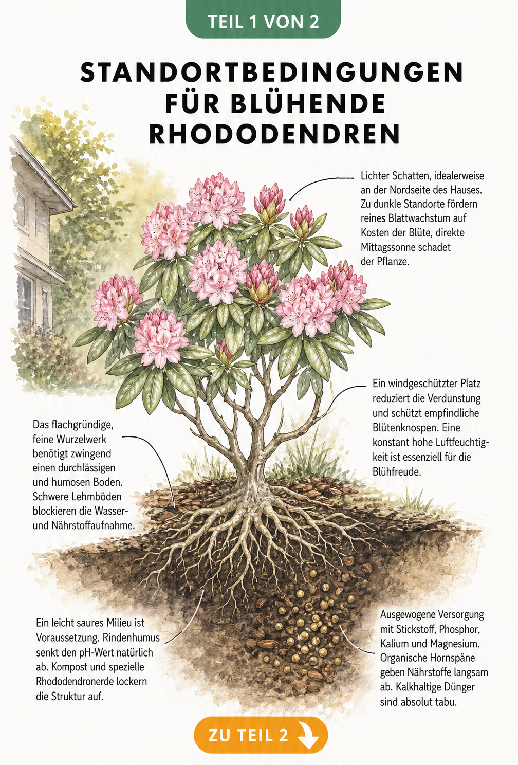 Botanische Illustration eines Rhododendrons im Beet mit Erklärungen zu Standort, Boden und Düngung für eine reiche Blüte