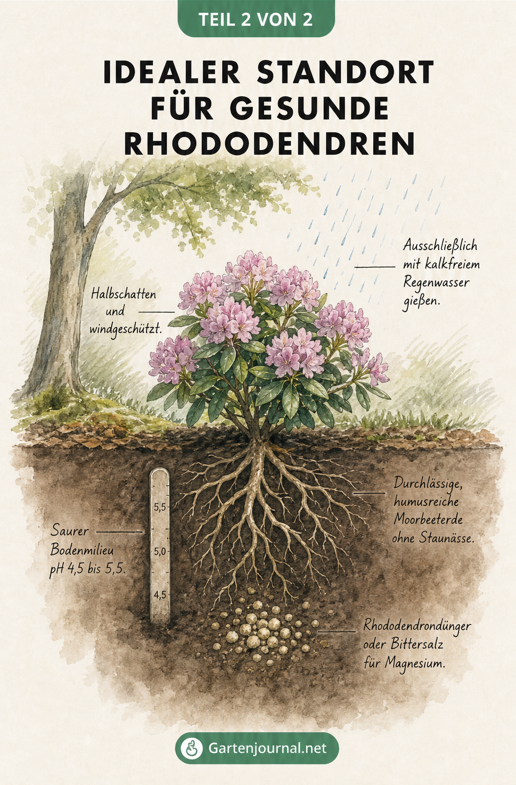 Querschnitt durch ein Gartenbeet mit einem Rhododendron im Halbschatten, der saure Moorbeeterde und kalkfreies Regenwasser benötigt.