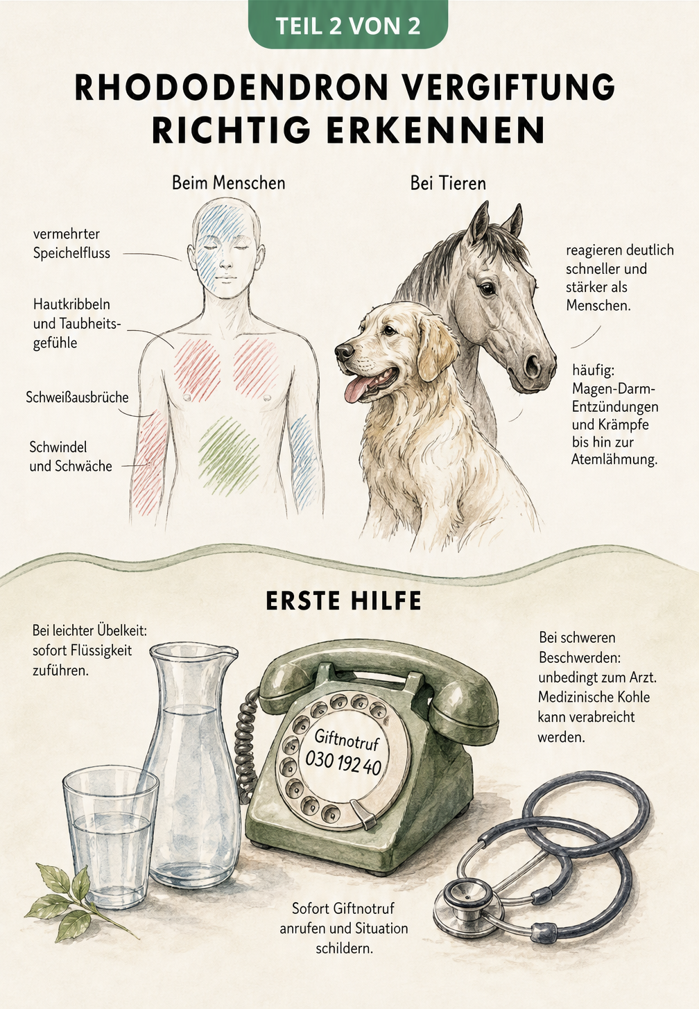 Grafik zur Erkennung von Rhododendron-Vergiftungen bei Mensch und Tier sowie Erste-Hilfe-Maßnahmen