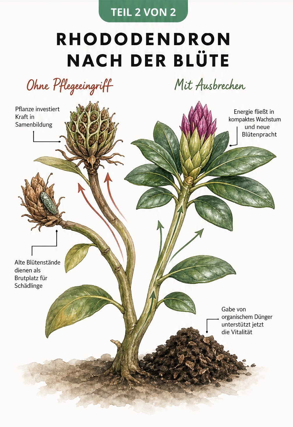 Vorher-Nachher-Vergleich eines Rhododendronzweigs: Links mit Samenstand und Zikade, rechts mit neuen Trieben und Blütenknospe nach dem Ausbrechen