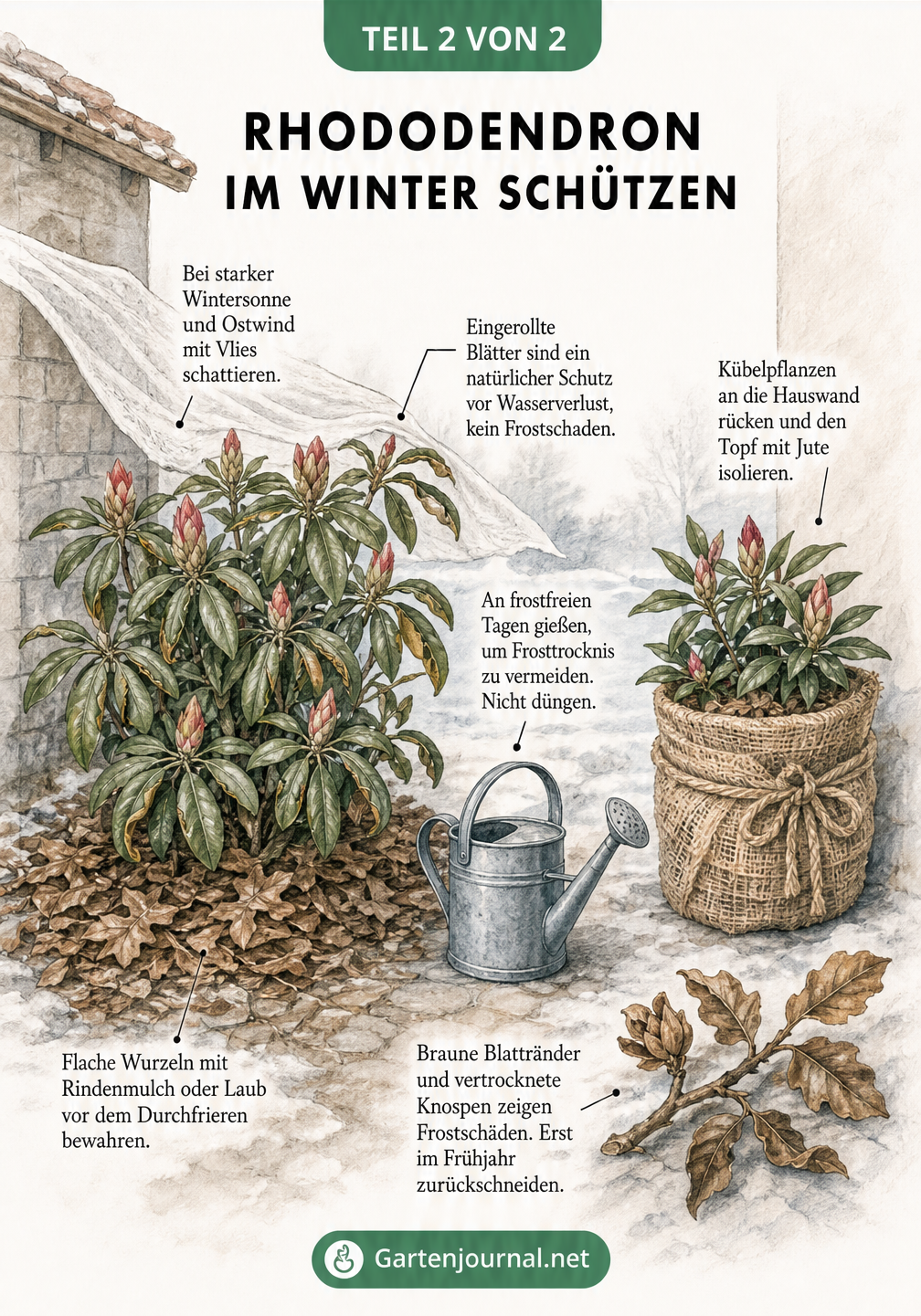 Illustration eines ausgepflanzten Rhododendrons und einer Kuebelpflanze mit Tipps zum Winterschutz wie Rindenmulch und Vlies
