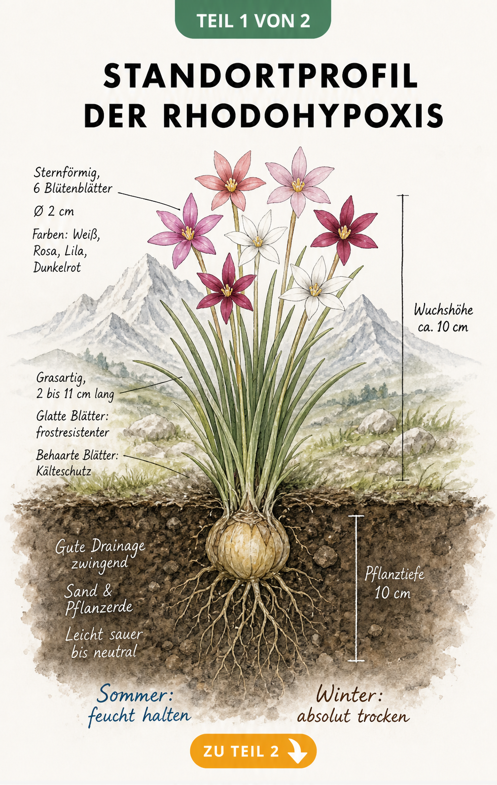 Botanische Querschnittszeichnung der Rhodohypoxis mit Blüten, Blättern und Knolle im Erdreich