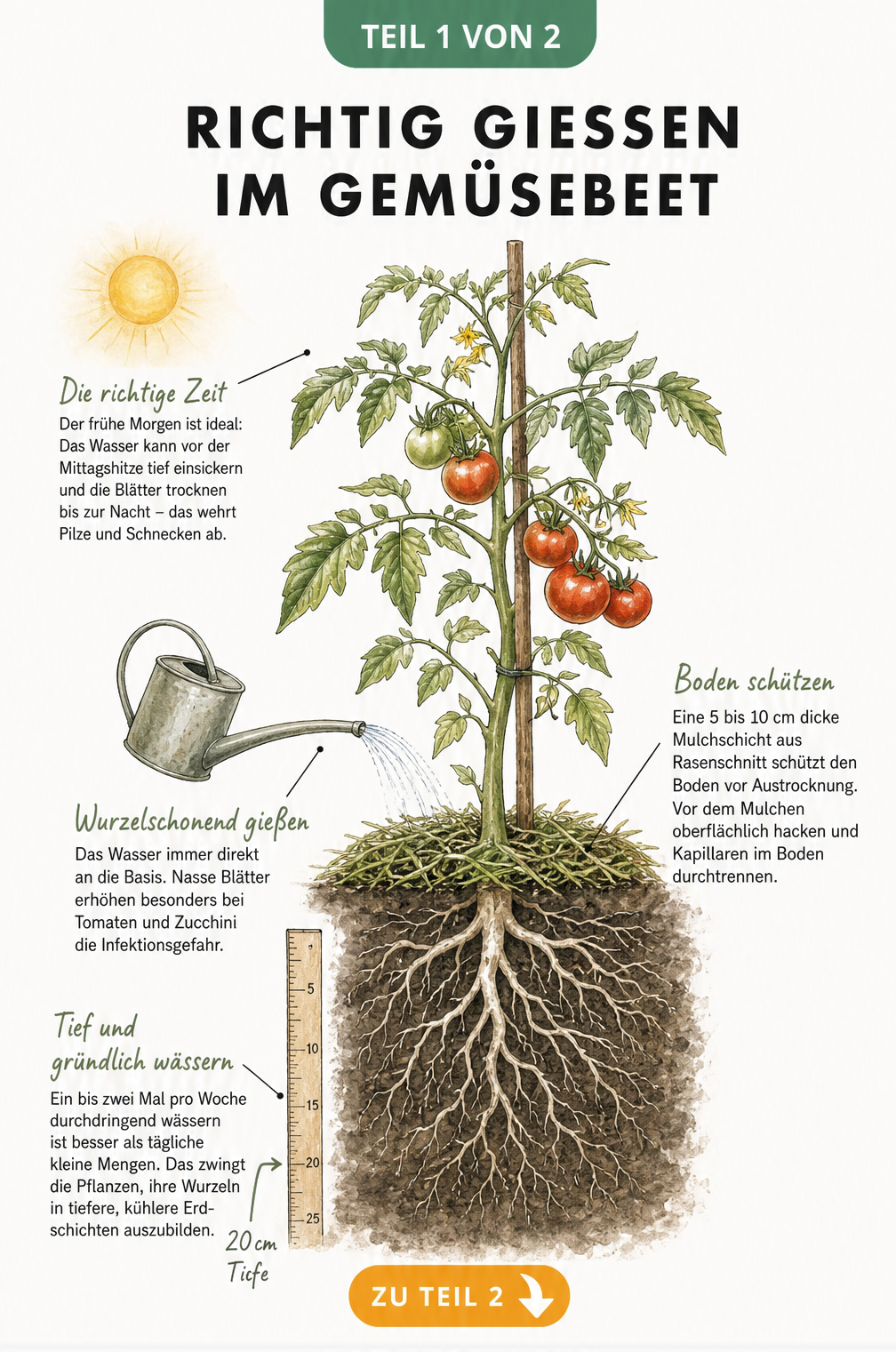 Illustration einer Tomatenpflanze im Querschnitt, die wurzelschonendes Gießen, Mulchen und tiefes Wässern am Morgen zeigt.