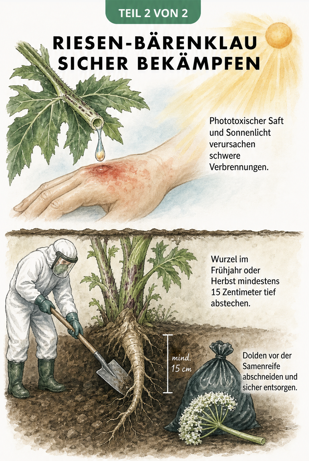 Illustration zur Bekämpfung des Riesen-Bärenklaus: Gefahr durch phototoxischen Saft und fachgerechtes Abstechen der Wurzel mit Schutzkleidung