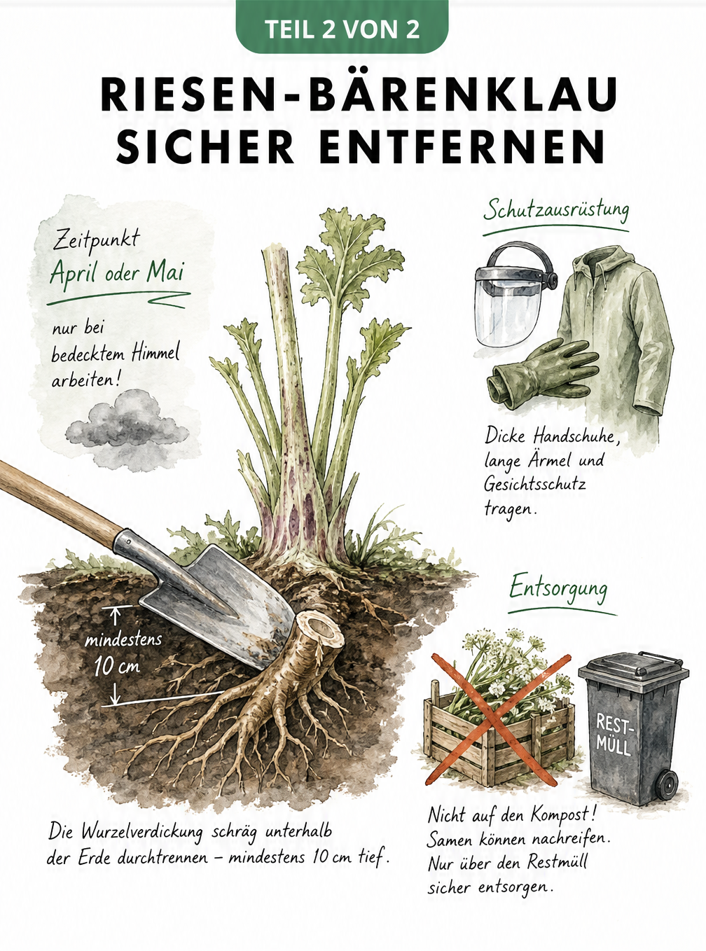 Skizze zur sicheren Entfernung des Riesen-Bärenklaus mit Spaten, Schutzausrüstung und Entsorgungshinweisen