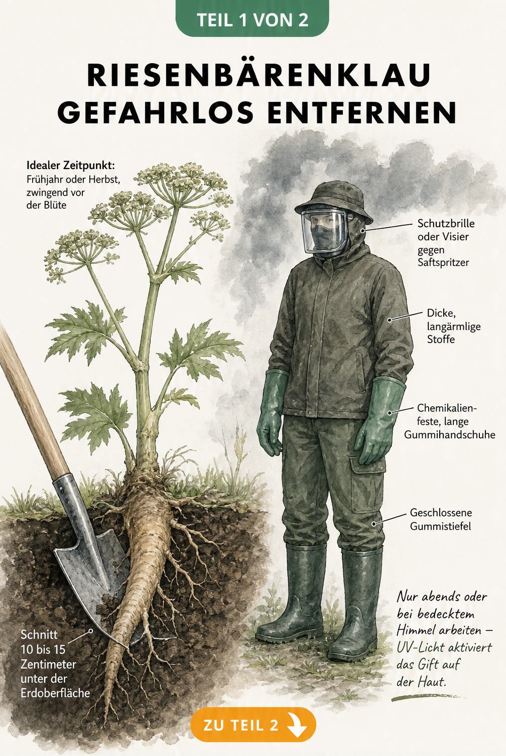 Illustration zur mechanischen Entfernung des Riesenbärenklaus mit Spaten und Schutzkleidung