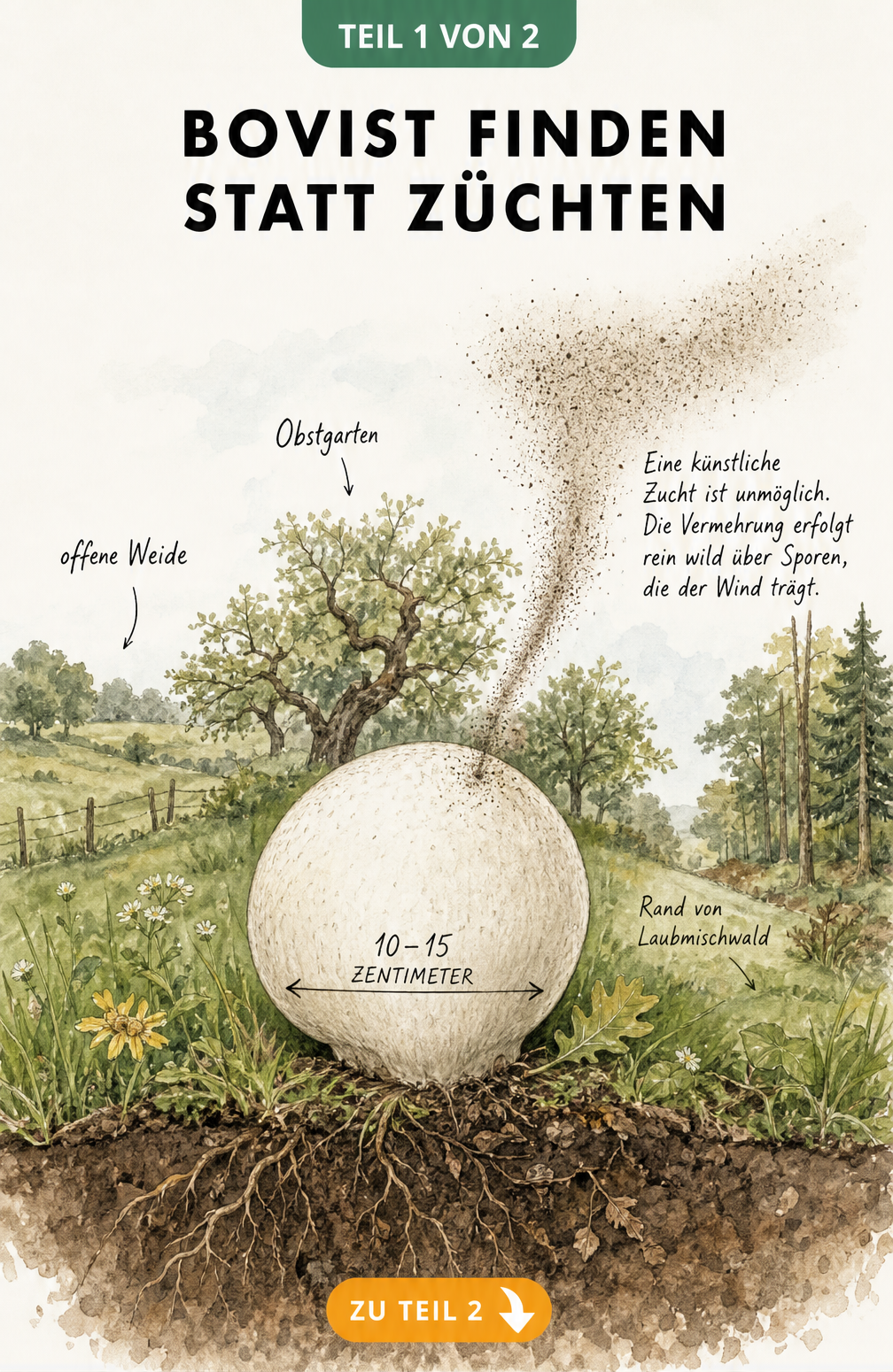 Querschnitt eines Riesenbovists, der Sporen abgibt, mit typischen Fundorten wie Weide, Obstgarten und Waldrand im Hintergrund.