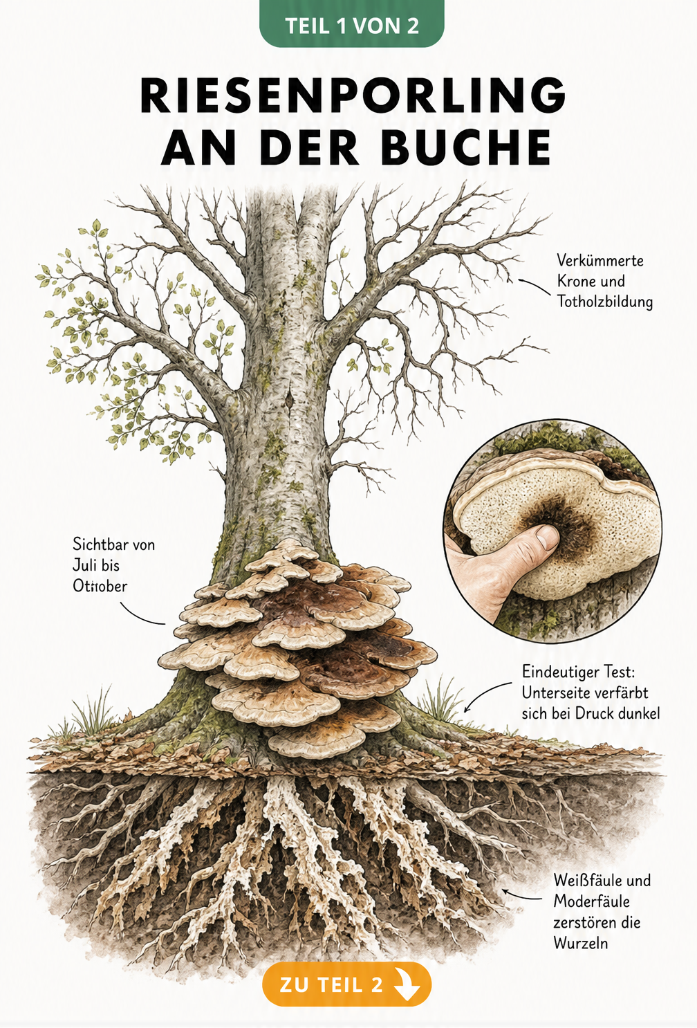 Illustration einer alten Buche mit Riesenporling am Stammfuß, verkümmerter Krone und zerstörten Wurzeln