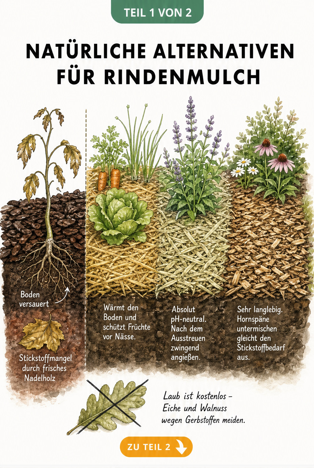 Querschnitt eines Gartenbeets im Vergleich: Kränkelnde Pflanze in Rindenmulch links, gesunde Pflanzen in Stroh, Miscanthus und Holzhäckseln rechts.