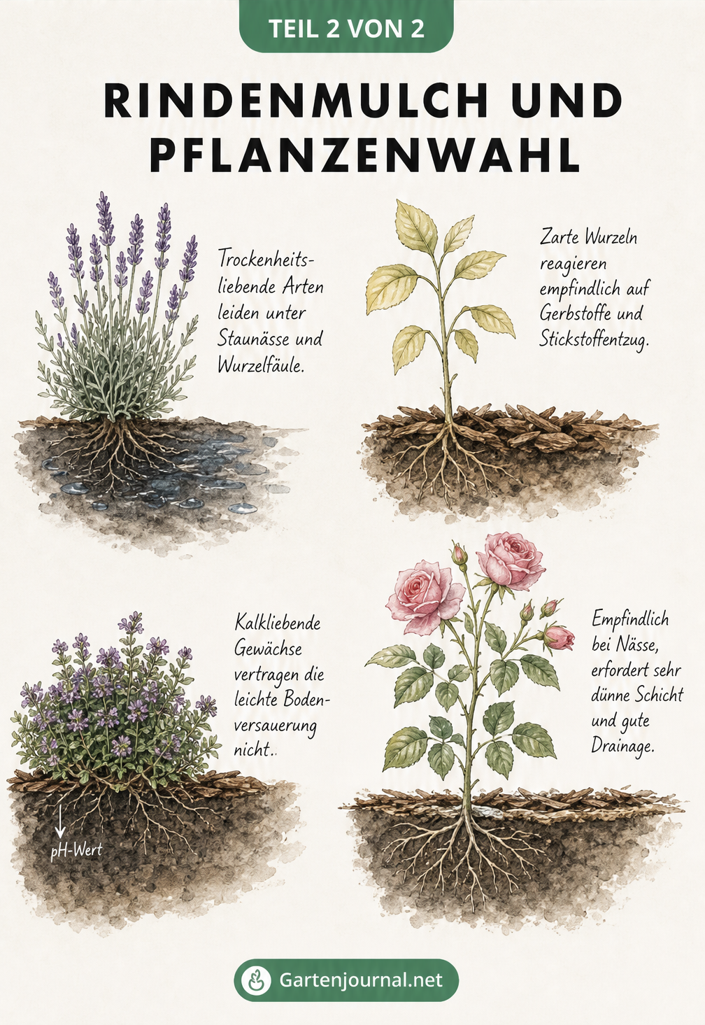 Querschnitt eines Blumenbeets mit Rindenmulch, Hornspänen und einer blühenden Staude