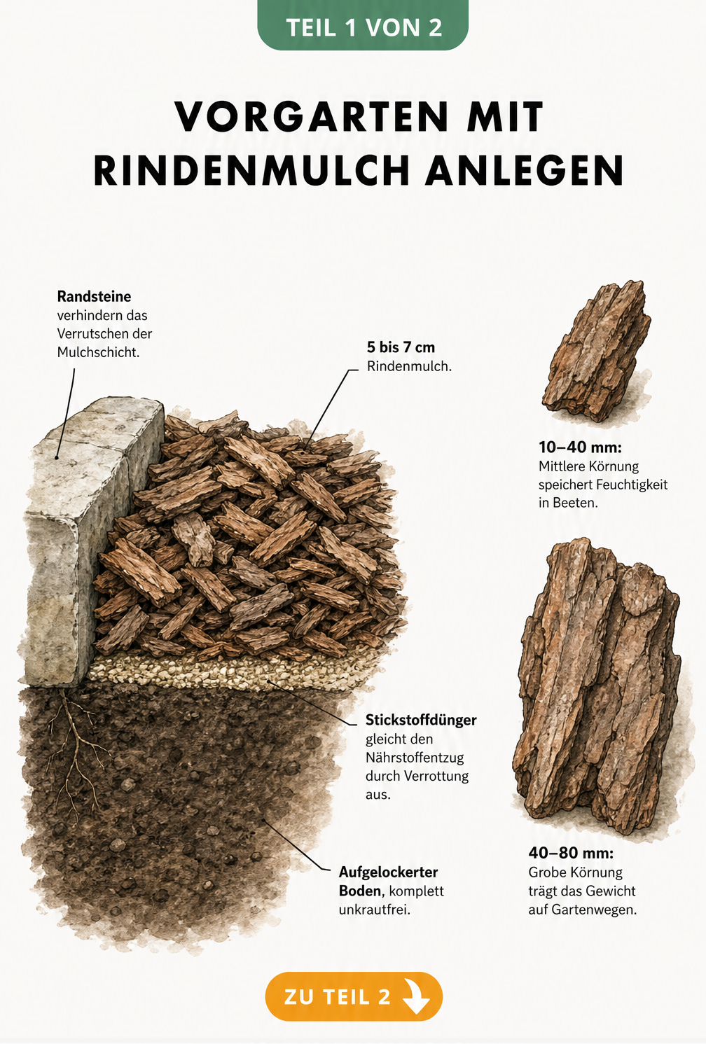 Querschnitt eines Gartenbeets mit Rindenmulch, der den Schichtaufbau von Erde, Dünger und Mulch zeigt.
