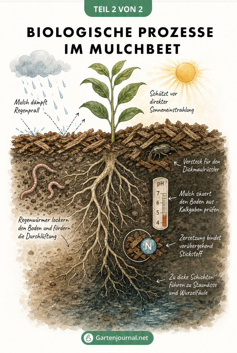 Illustration der biologischen Prozesse im Mulchbeet, die Regenwürmer, Dickmaulrüssler, pH-Wert-Senkung und Stickstoffbindung zeigt.