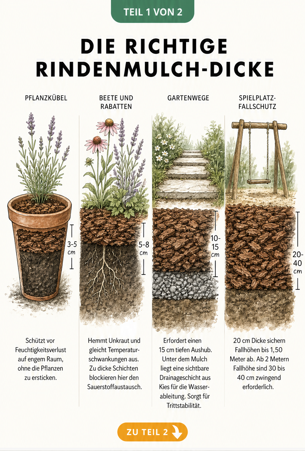 Illustration von vier Erd-Querschnitten mit Rindenmulch in verschiedenen Dicken für Pflanzkübel, Beete, Gartenwege und als Fallschutz