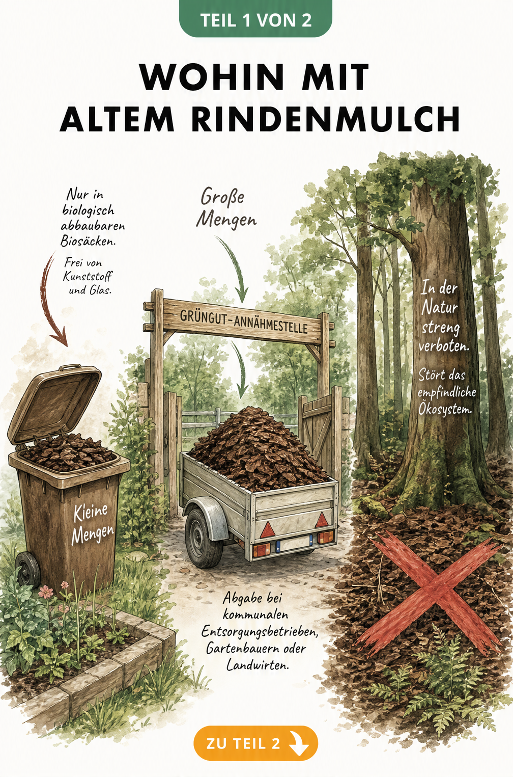 Illustration von drei Entsorgungswegen für Rindenmulch: Biotonne für kleine Mengen, Anhänger für große Mengen und ein rotes X im Wald als Verbot.
