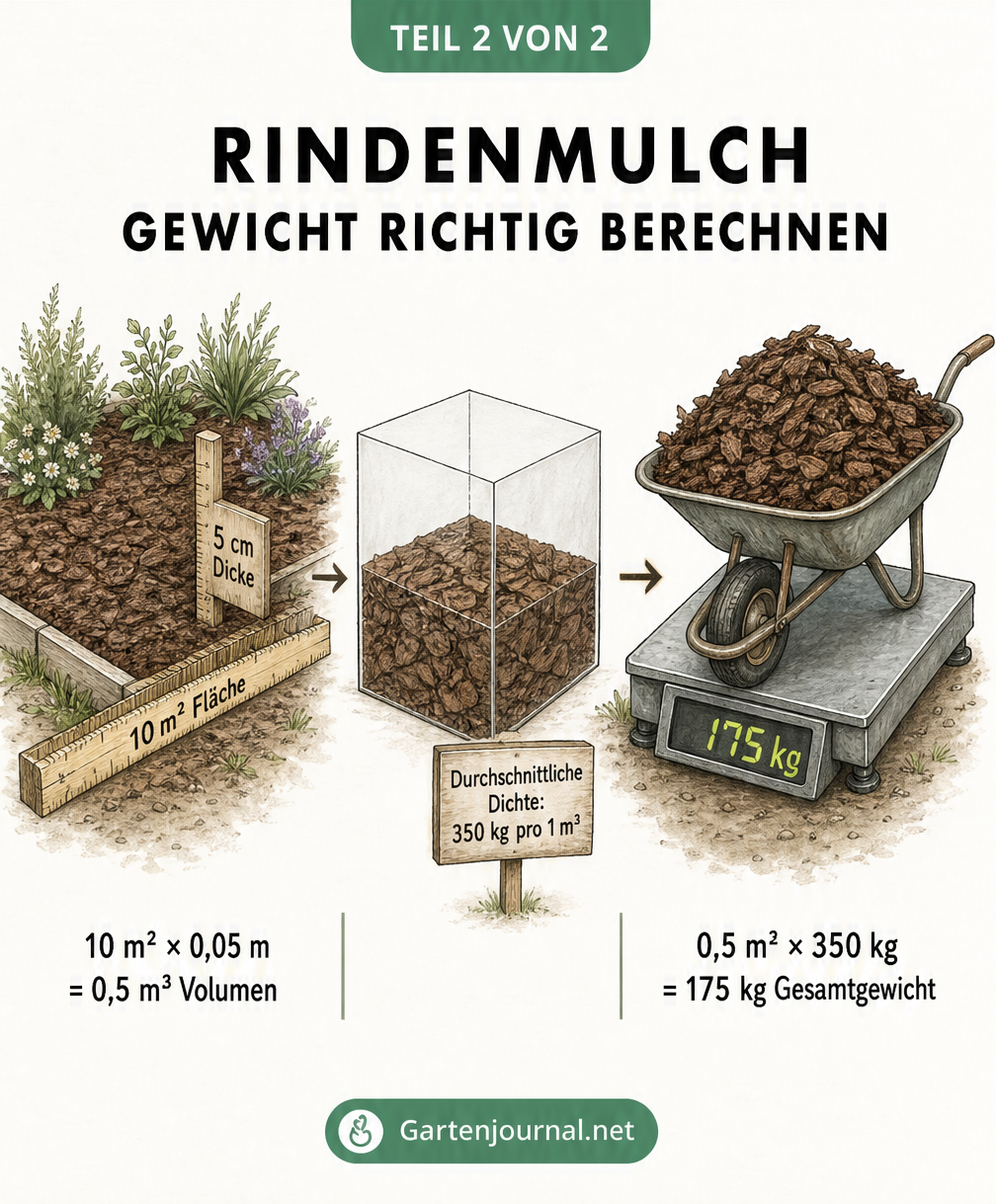 Infografik zeigt die Berechnung des Rindenmulch-Gewichts anhand eines Beispiels: 10 Quadratmeter Fläche mal 5 Zentimeter Dicke ergibt 0,5 Kubikmeter Volumen,...