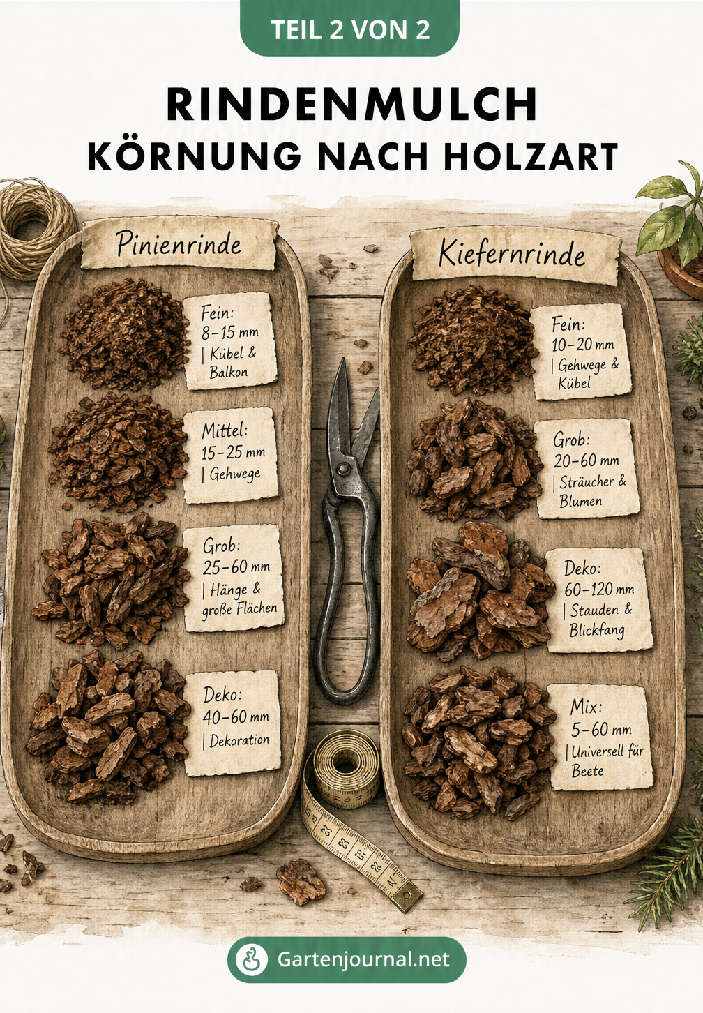 Holzschalen mit Pinienrinde und Kiefernrinde in verschiedenen Körnungen von fein bis grob