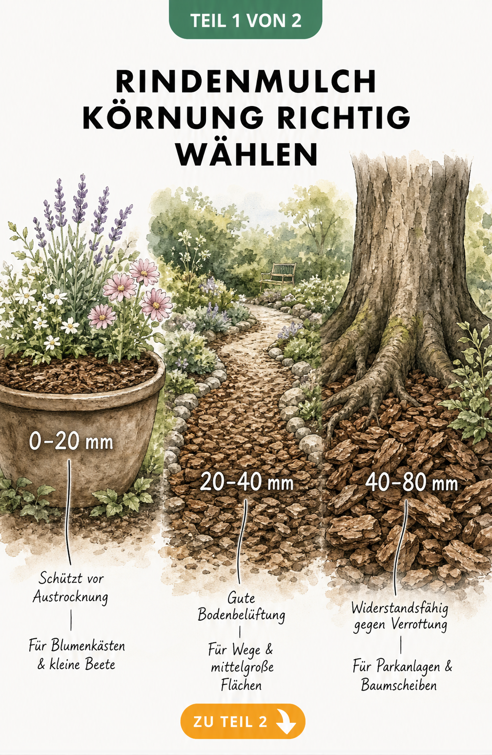 Querschnitt eines Gartens mit drei verschiedenen Rindenmulch-Körnungen für Kübel, Wege und Bäume