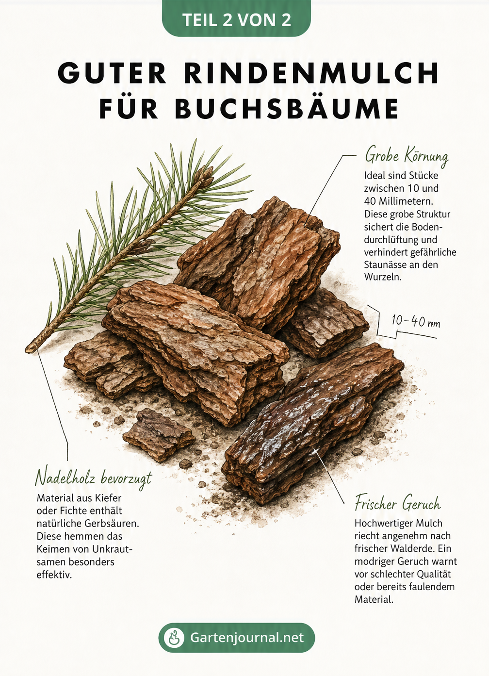 Nahaufnahme von grobem Rindenmulch und einem Kiefernzweig