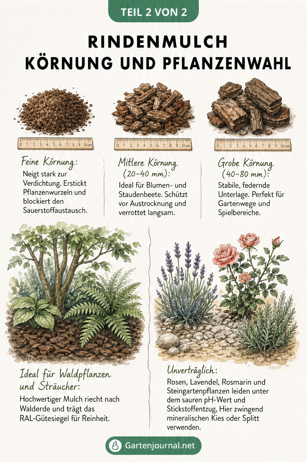 Illustration verschiedener Rindenmulch-Körnungen und deren Pflanzenverträglichkeit