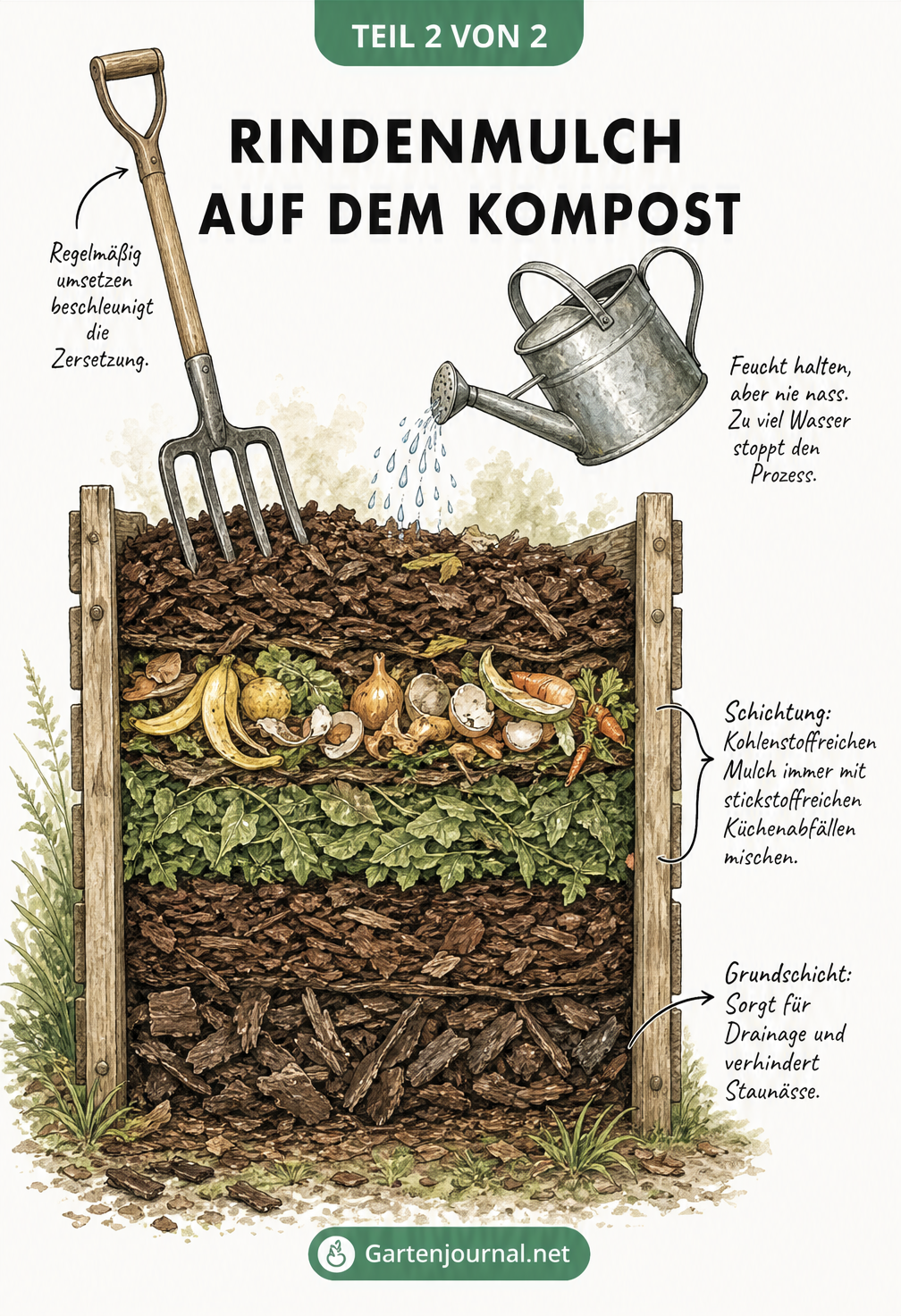 Schnittdarstellung eines Kompostbehälters mit Schichten aus Rindenmulch, Küchenabfällen und Blättern sowie Hinweisen zur Feuchtigkeit und Belüftung.