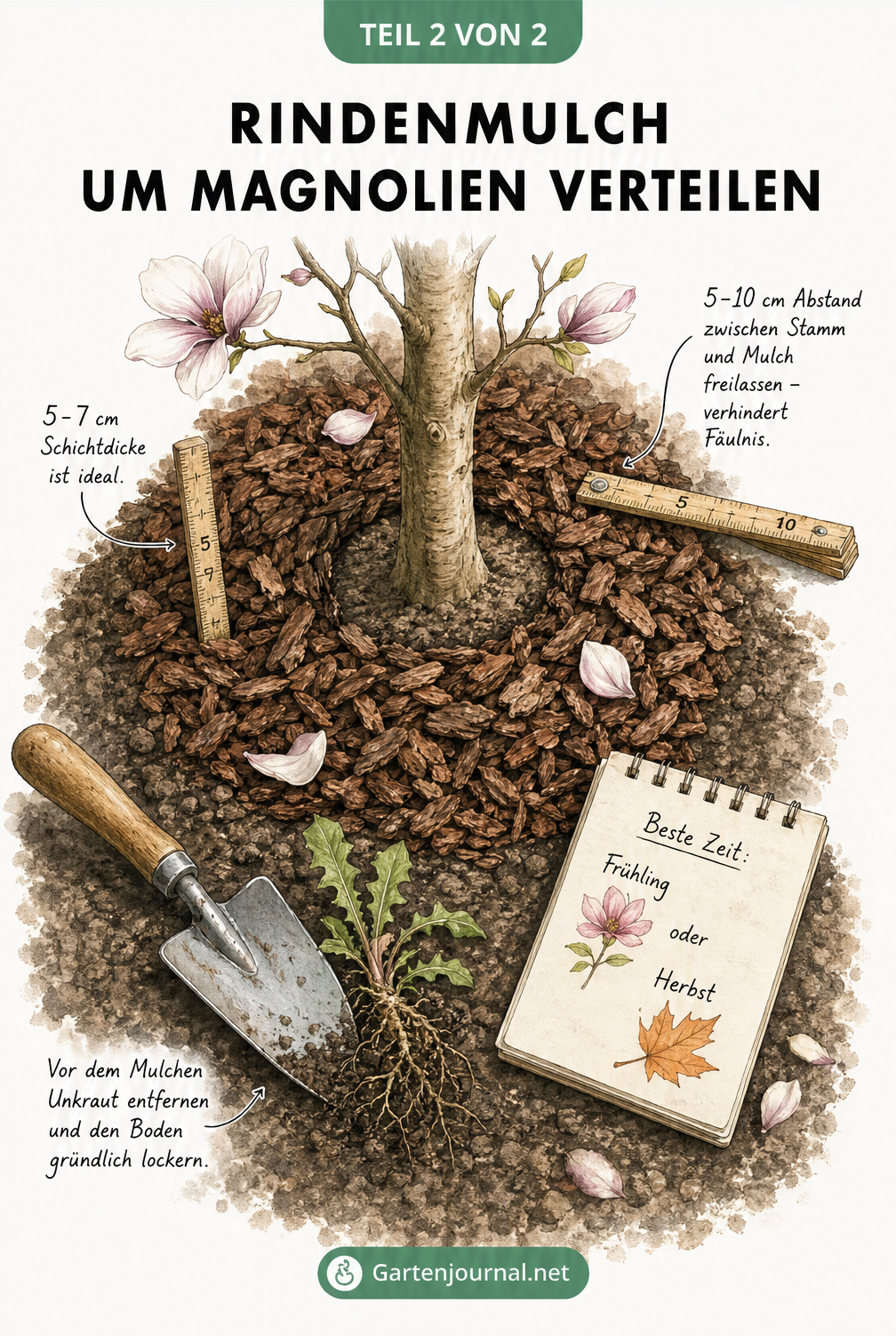 Illustration zur richtigen Anwendung von Rindenmulch bei Magnolien mit 5 bis 10 cm Abstand zum Stamm