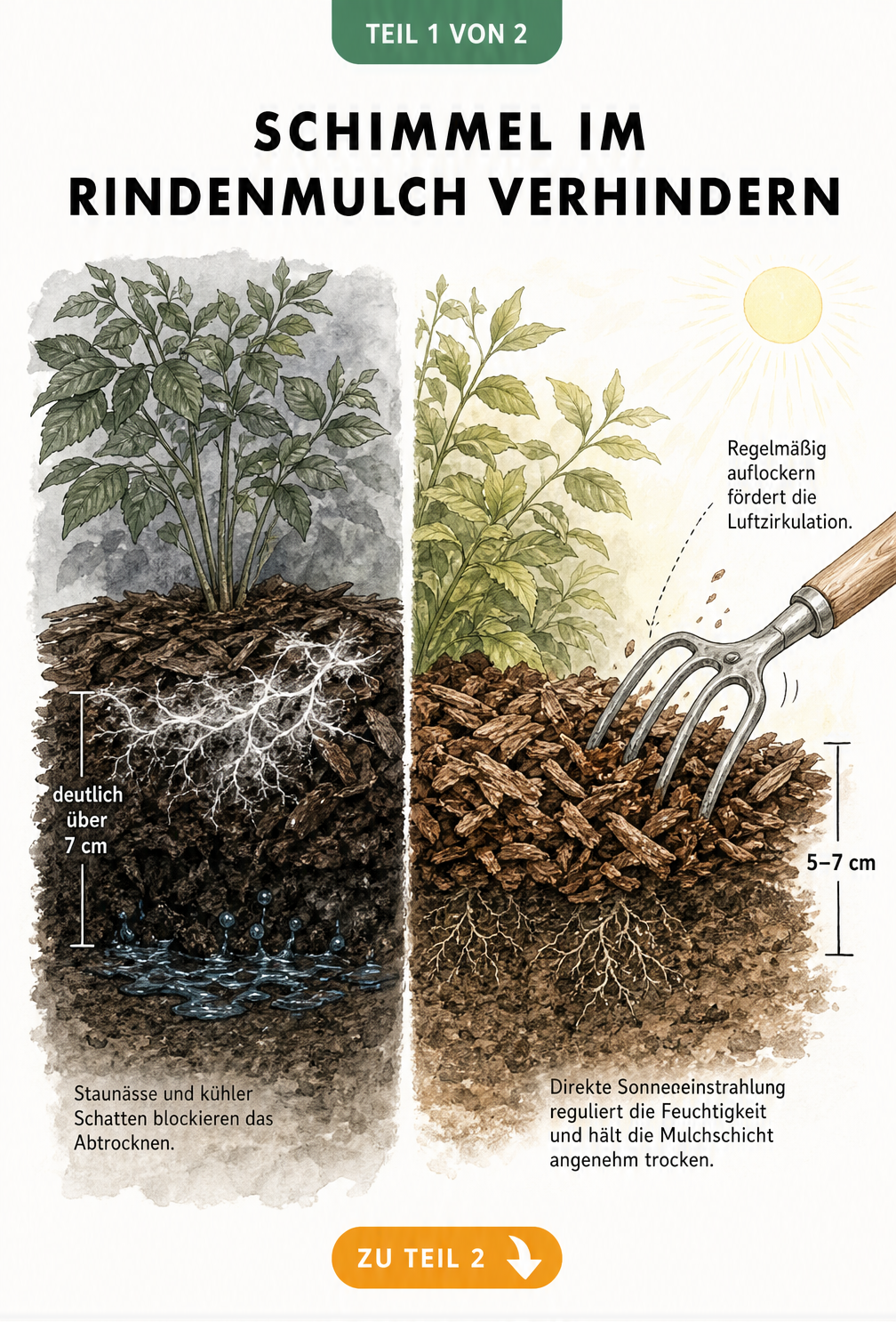 Schnittzeichnung zweier Gartenbeete mit Rindenmulch, die den Unterschied zwischen schimmelfördernder Staunässe und idealer, luftiger Mulchschicht zeigt.