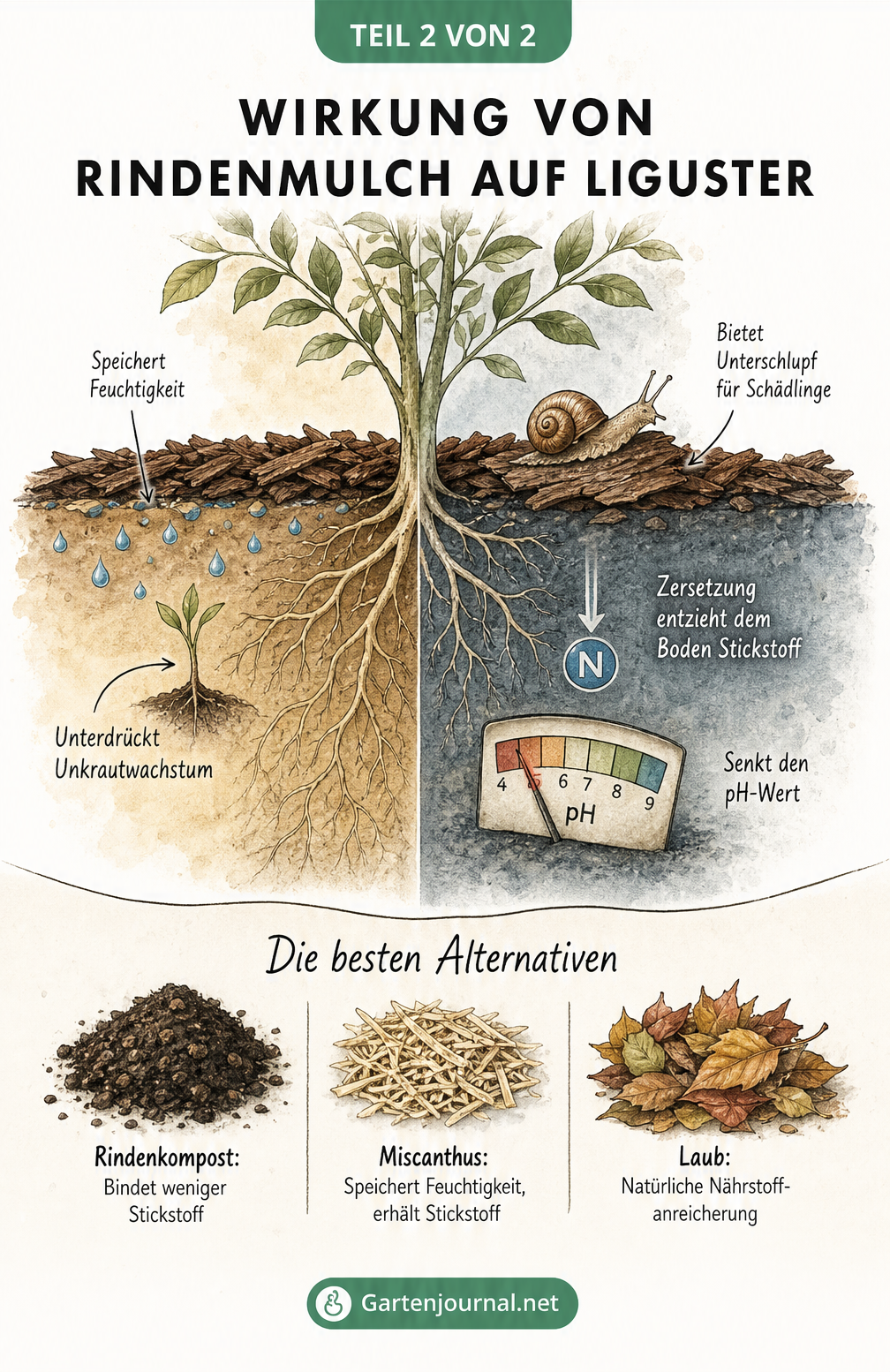 Zweigeteilte Illustration zur Wirkung von Rindenmulch auf Liguster: Feuchtigkeitsspeicherung und Unkrautunterdrückung versus Schädlingsrisiko und...