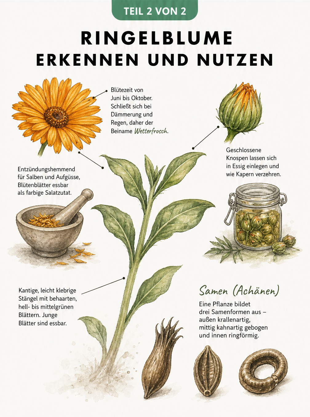 Illustration einer Ringelblume in verschiedenen Entwicklungsstadien mit Details zu Blüte, Knospe, Blättern und Samenformen
