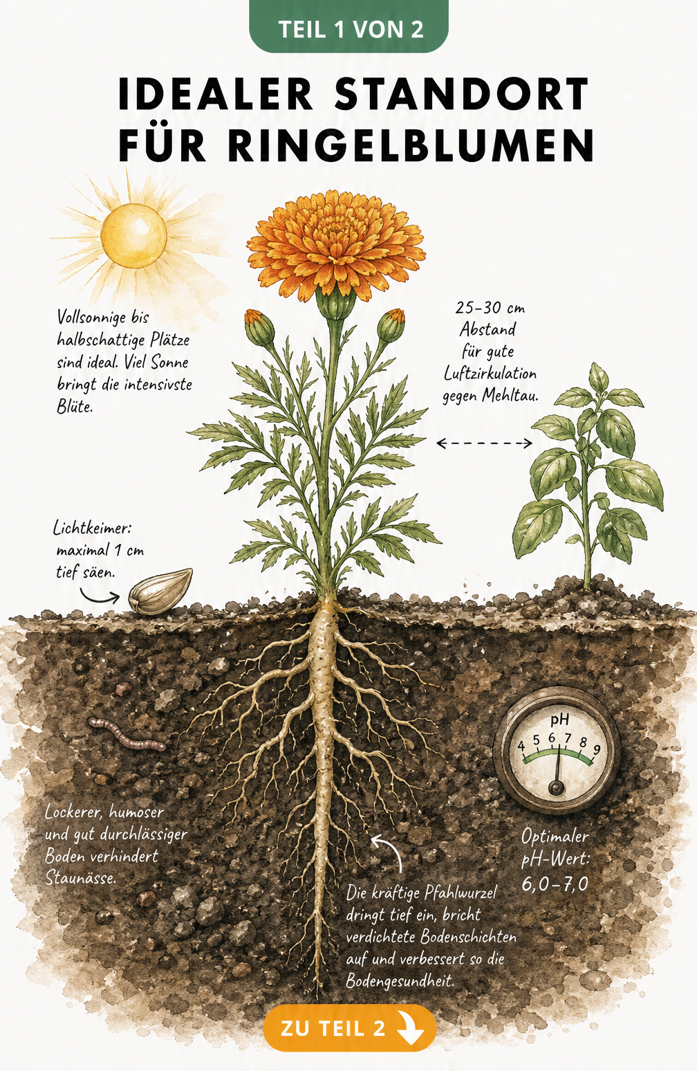Querschnitt eines Gartenbeets mit einer blühenden Ringelblume, Sonne, Samen und tief reichender Pfahlwurzel im lockeren Boden.