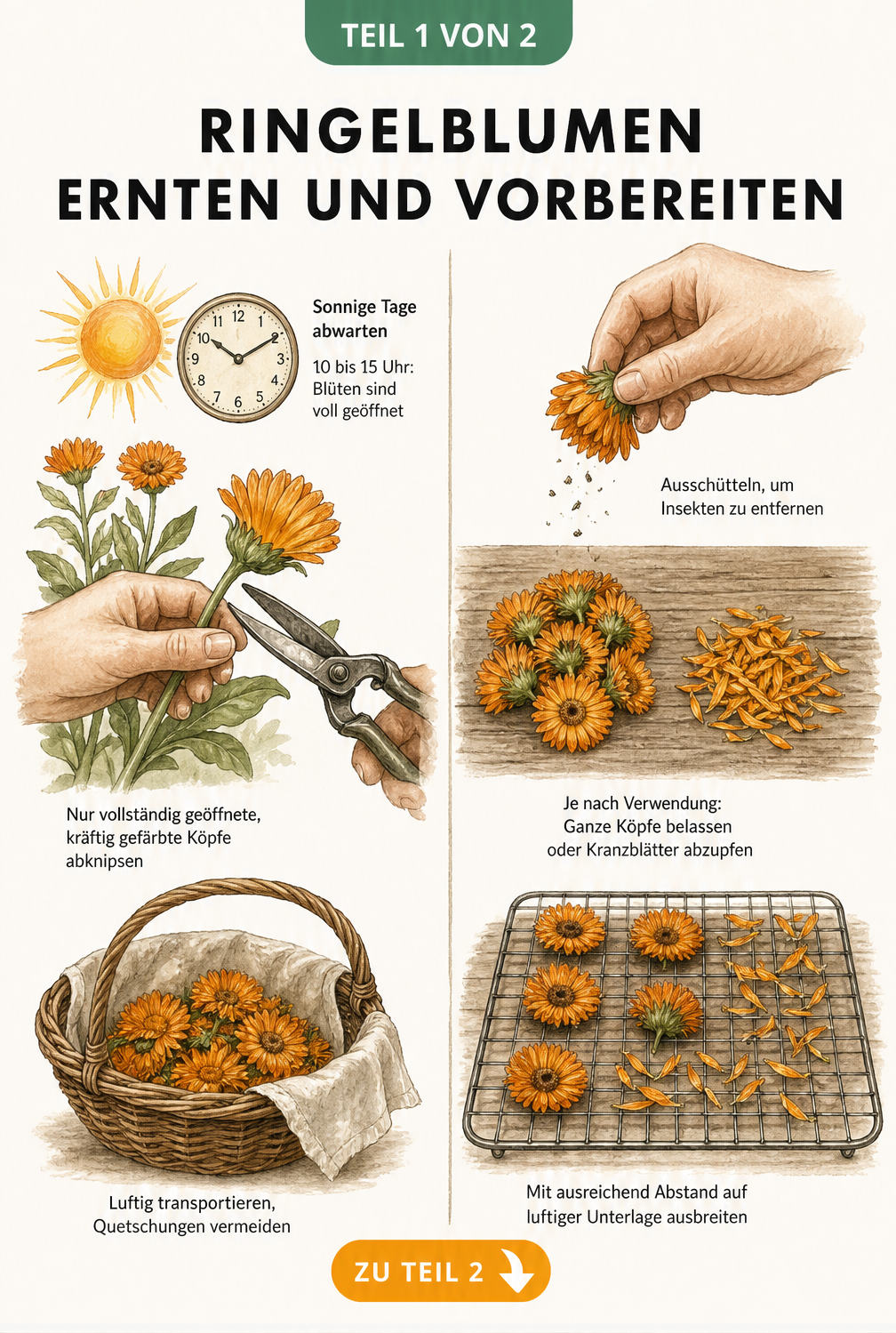 Illustration zur Ernte und Vorbereitung von Ringelblumen: Blüten an sonnigen Tagen abknipsen, ausschütteln und auf einem Gitter ausbreiten.